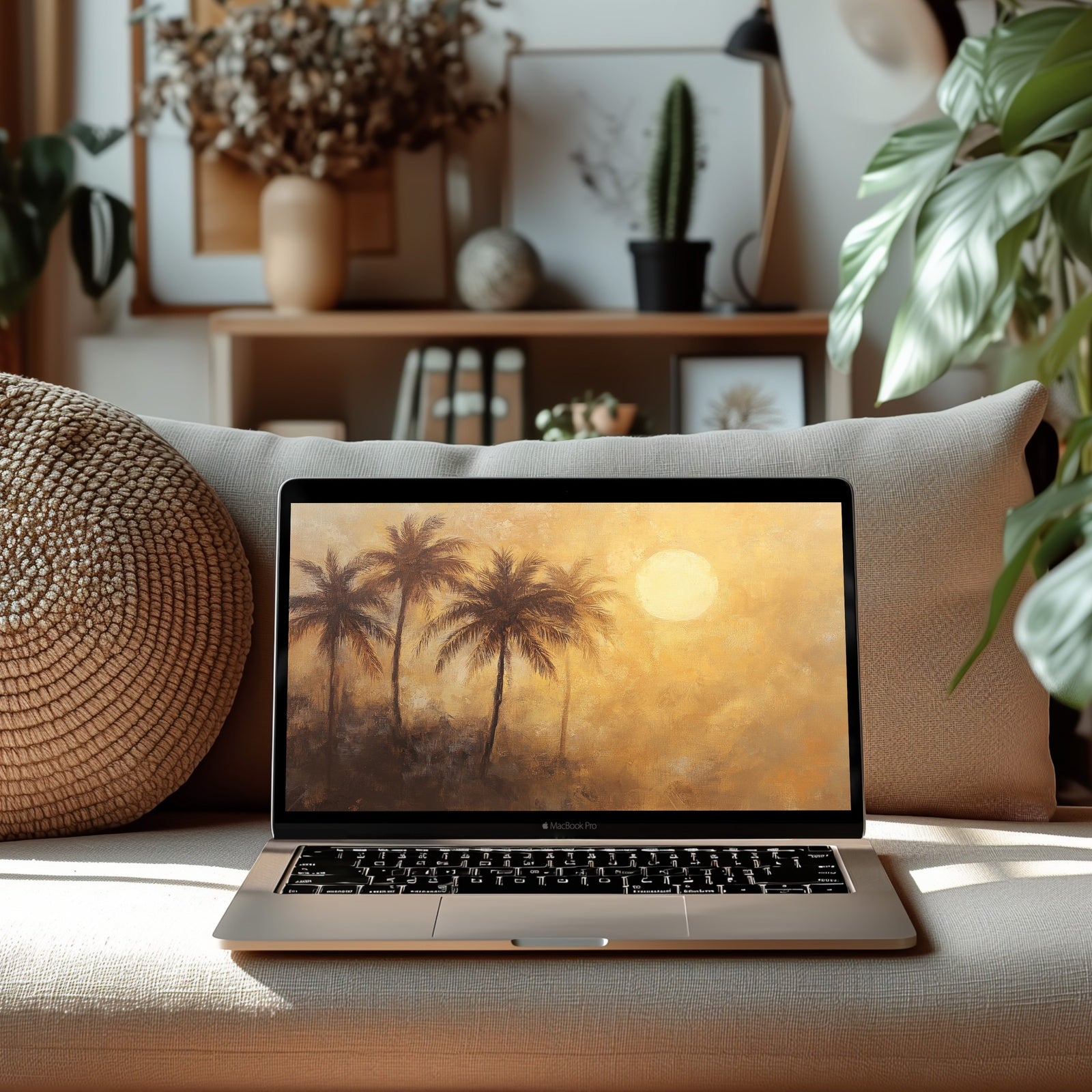 Summer desktop wallpaper featuring golden palm trees under a warm sunset glow - a serene and tropical design that brings warmth, relaxation, and coastal charm to your digital workspace