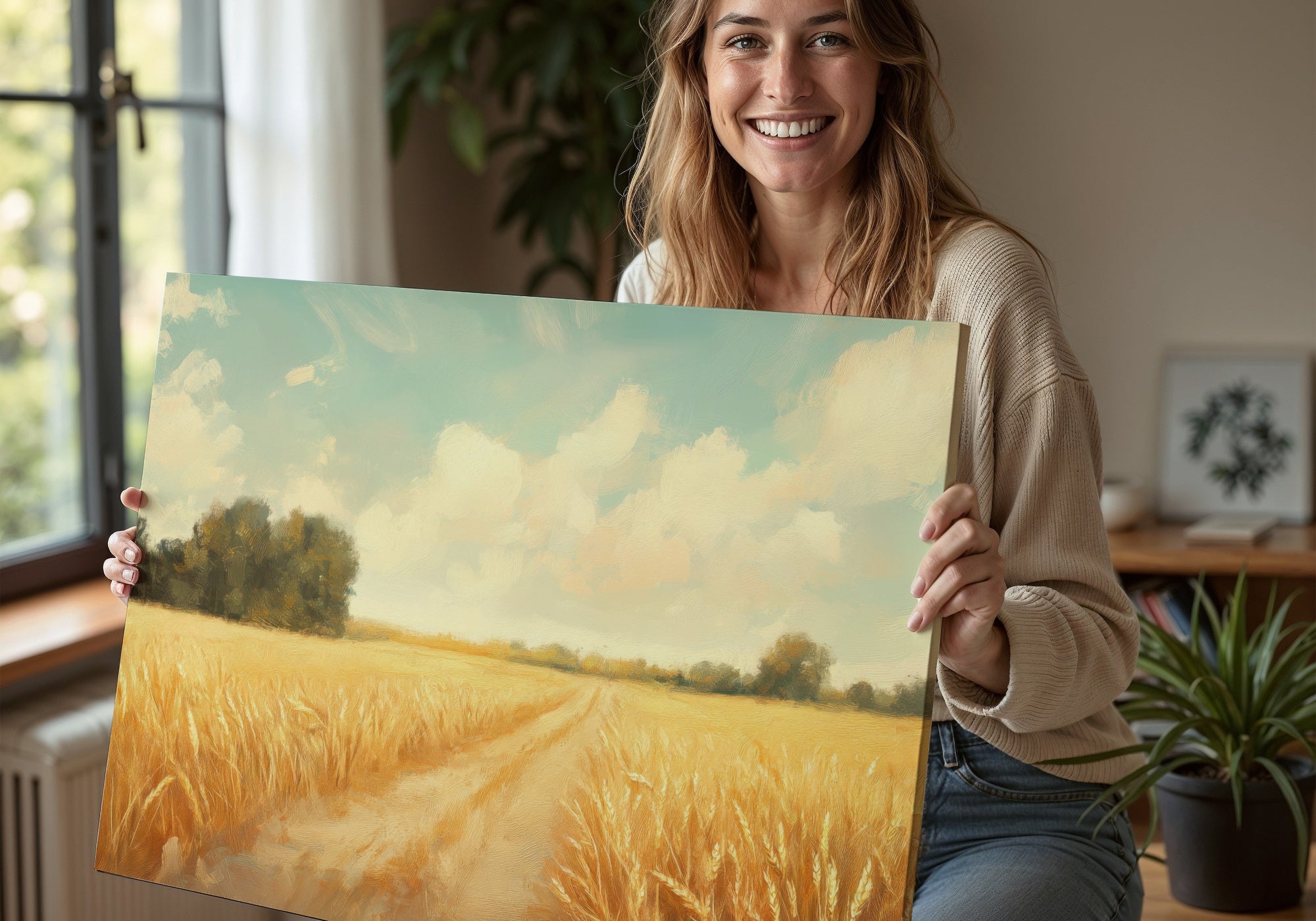 A smiling woman holding a summer-themed digital art print featuring a golden wheat field under a bright blue sky with fluffy clouds. The artwork evokes warmth and serenity, perfect for seasonal home decor or summer printable wall art
