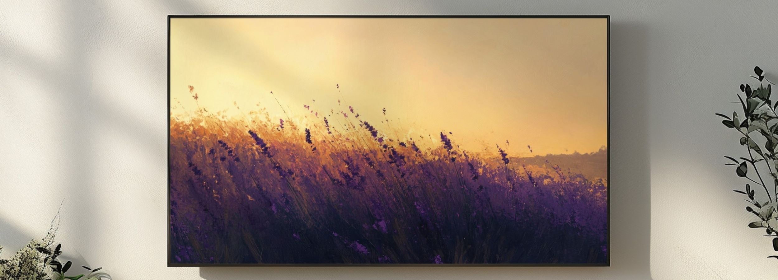Serene summer lavender field at golden sunset, soft painterly brushstrokes, warm calming tones — modern art for Samsung Frame TV