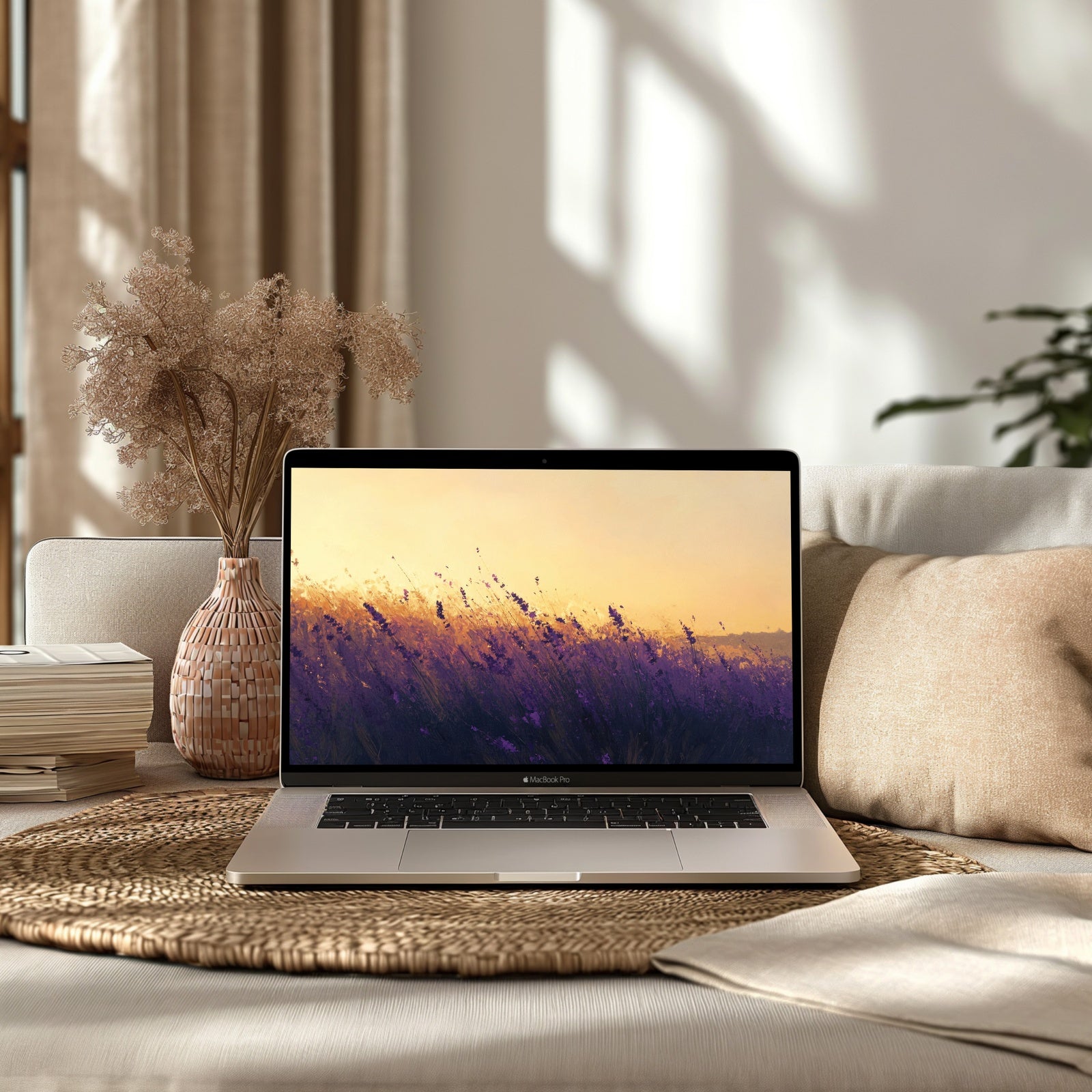 Aesthetic summer desktop wallpaper with a soft lavender field at sunset, calming and dreamy digital background for mindful workspaces