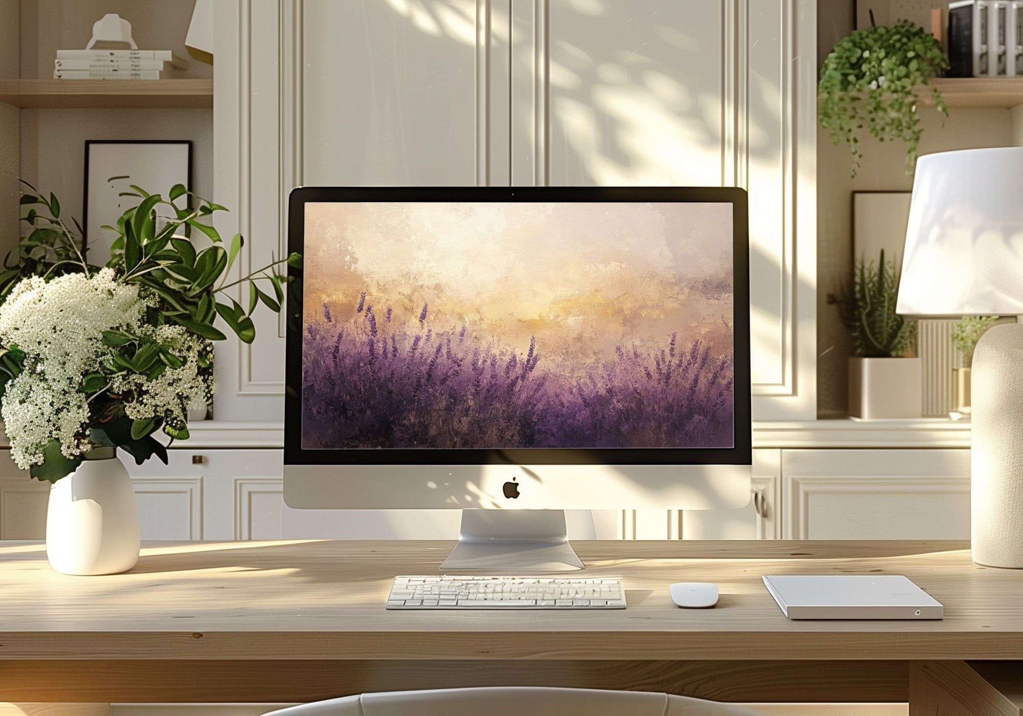 Summer desktop wallpaper featuring a lavender field at golden hour - a warm, dreamy landscape that adds calm, sunlight, and natural beauty to your screen