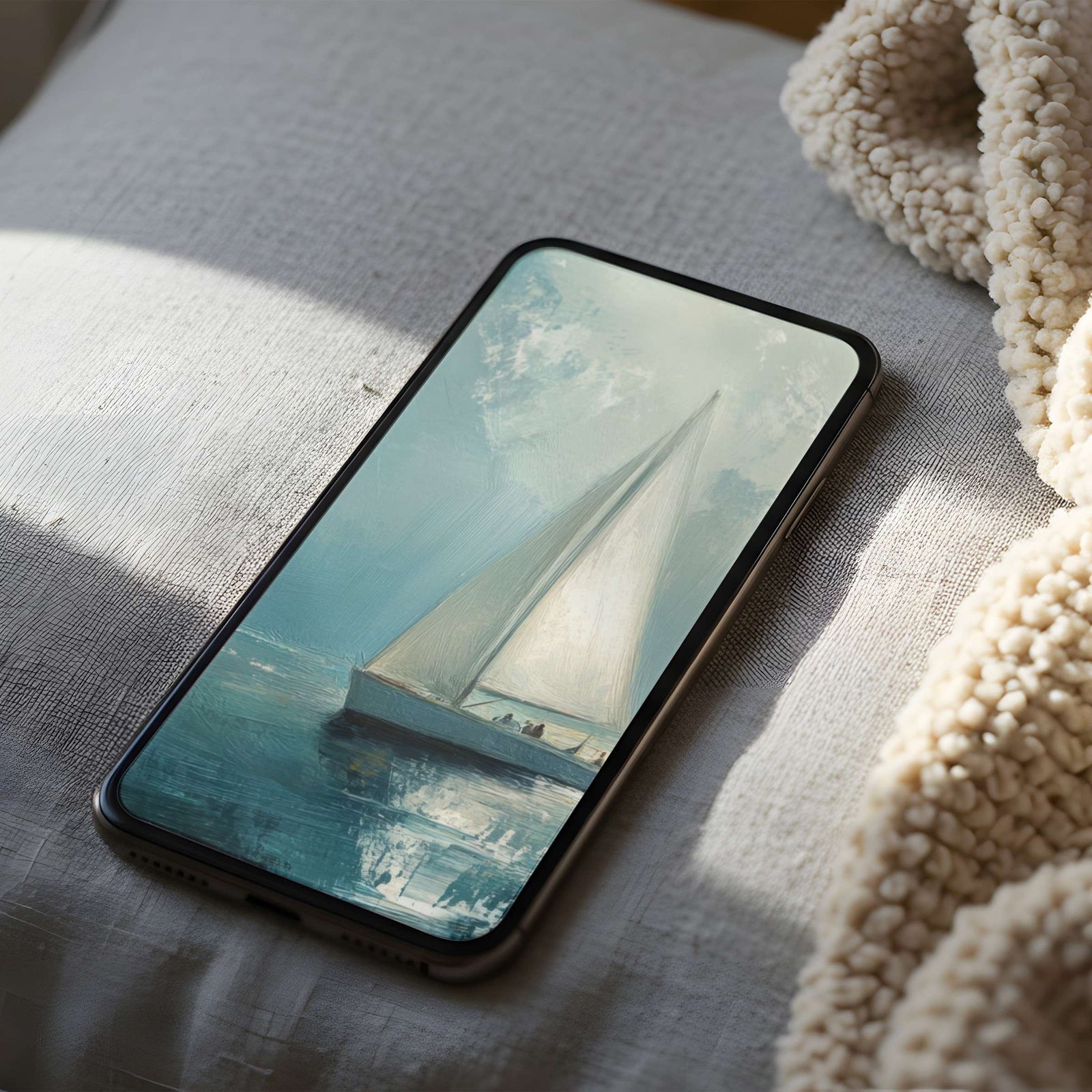 Coastal phone wallpaper featuring a serene sailboat on turquoise waters - a refreshing ocean-inspired design perfect for calm, elegant summer backgrounds