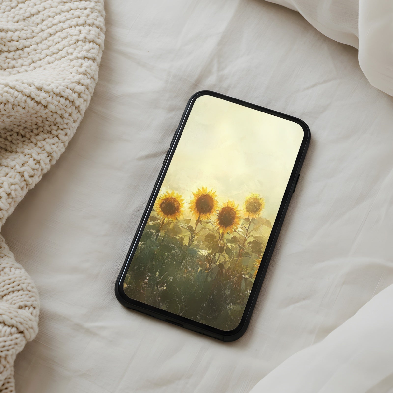 Warm and uplifting phone wallpaper featuring sunflowers glowing in soft golden light, creating a cozy, cheerful, and nature-inspired atmosphere