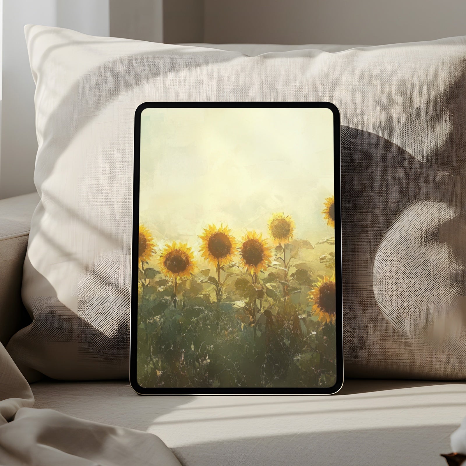 sun-kissed sunflower field iPad wallpaper in soft golden light, elegant digital background for modern homes and summer-inspired living