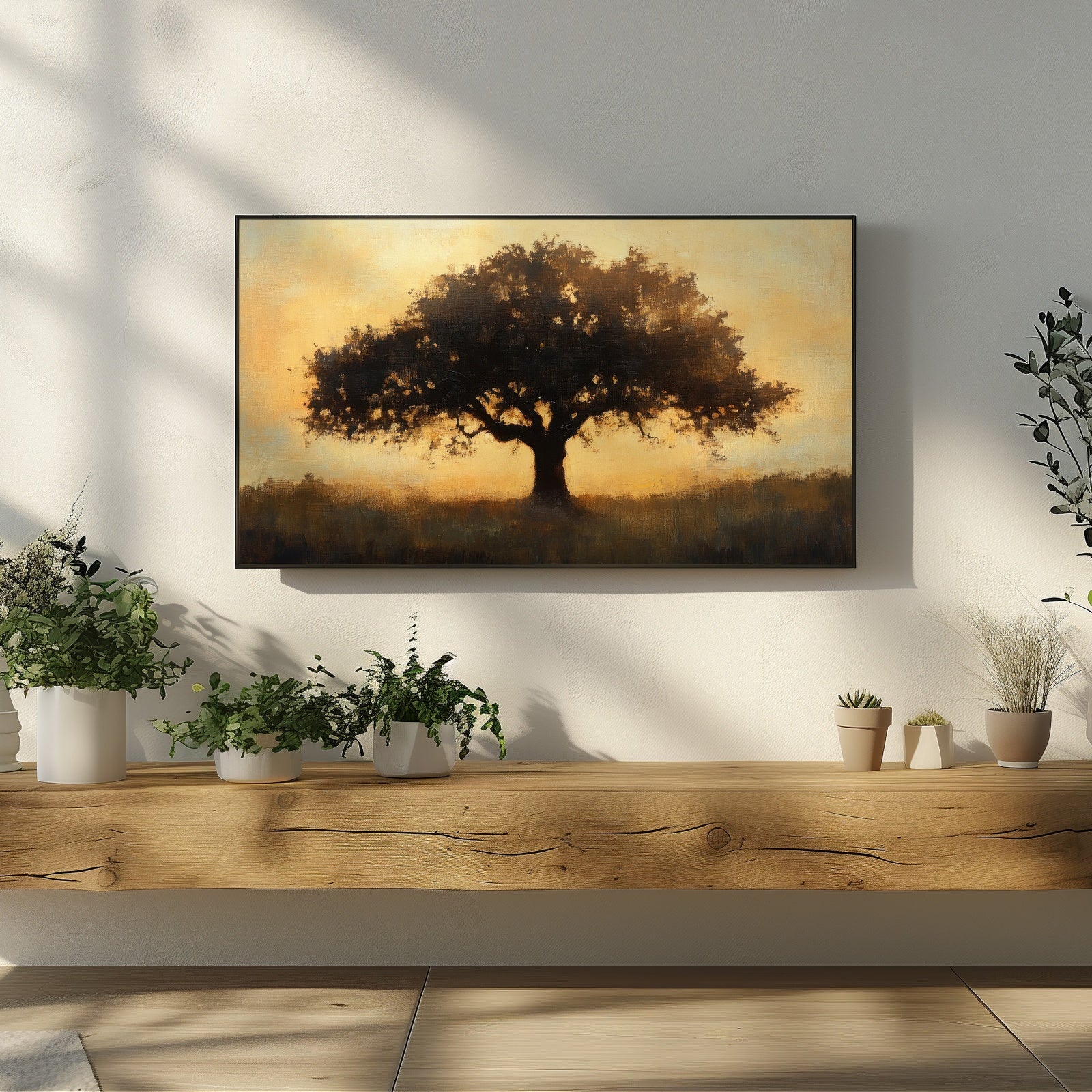 Serene tree landscape at sunset in warm golden tones, nature-inspired Trees Frame TV Art for modern calming home decor