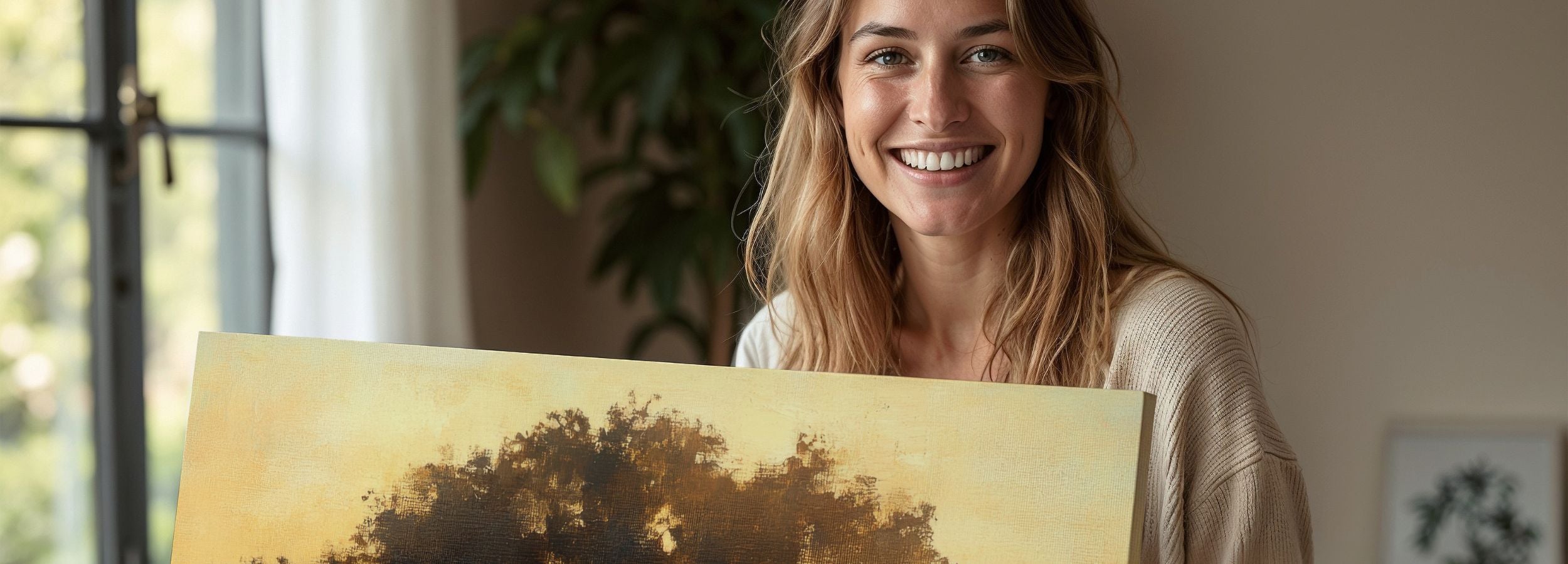 Warm sunrise tree art print held by a smiling woman, featuring a large silhouetted oak tree on a glowing golden meadow - calming nature-inspired printable wall art