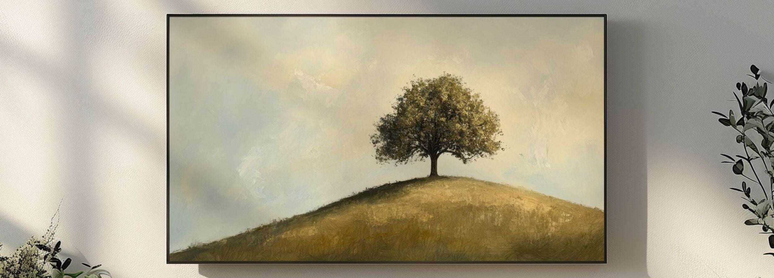 Calming landscape painting of a lone tree on a golden hill, neutral nature artwork for Samsung Frame TV decor
