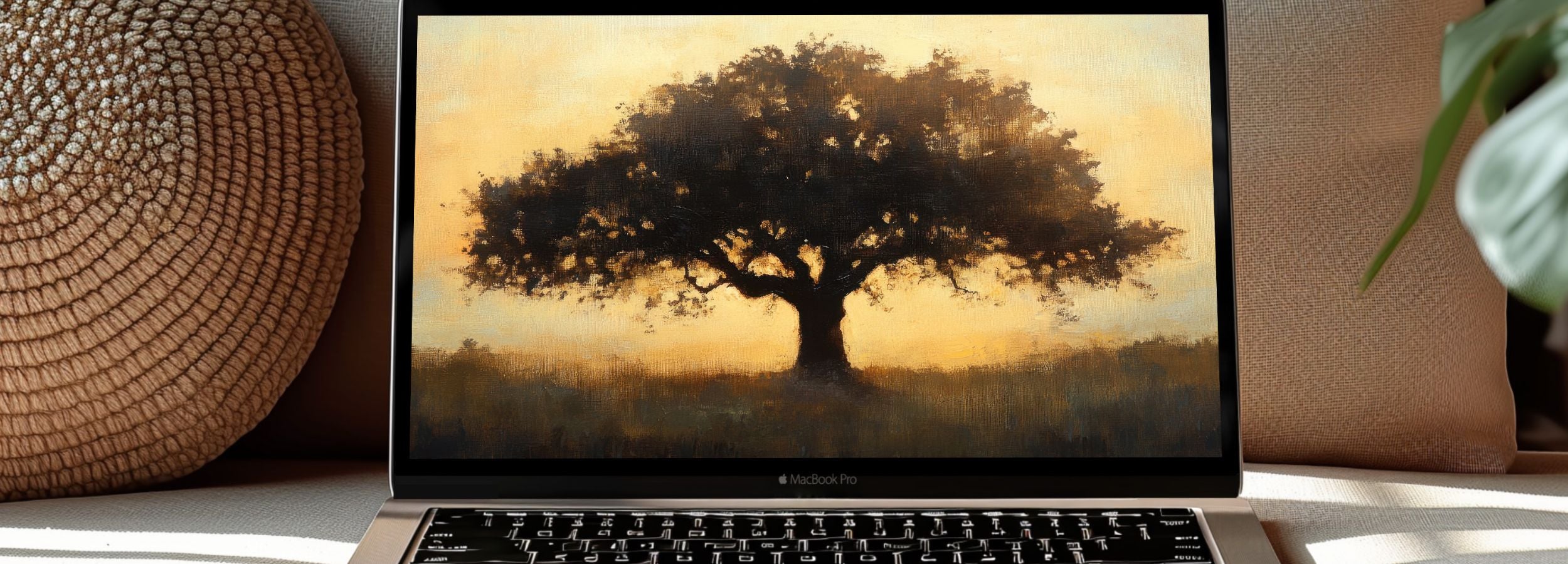 Minimalist tree desktop wallpaper featuring a lone oak silhouette at sunset, painted in warm earthy tones, creating a calm and grounding workspace atmosphere