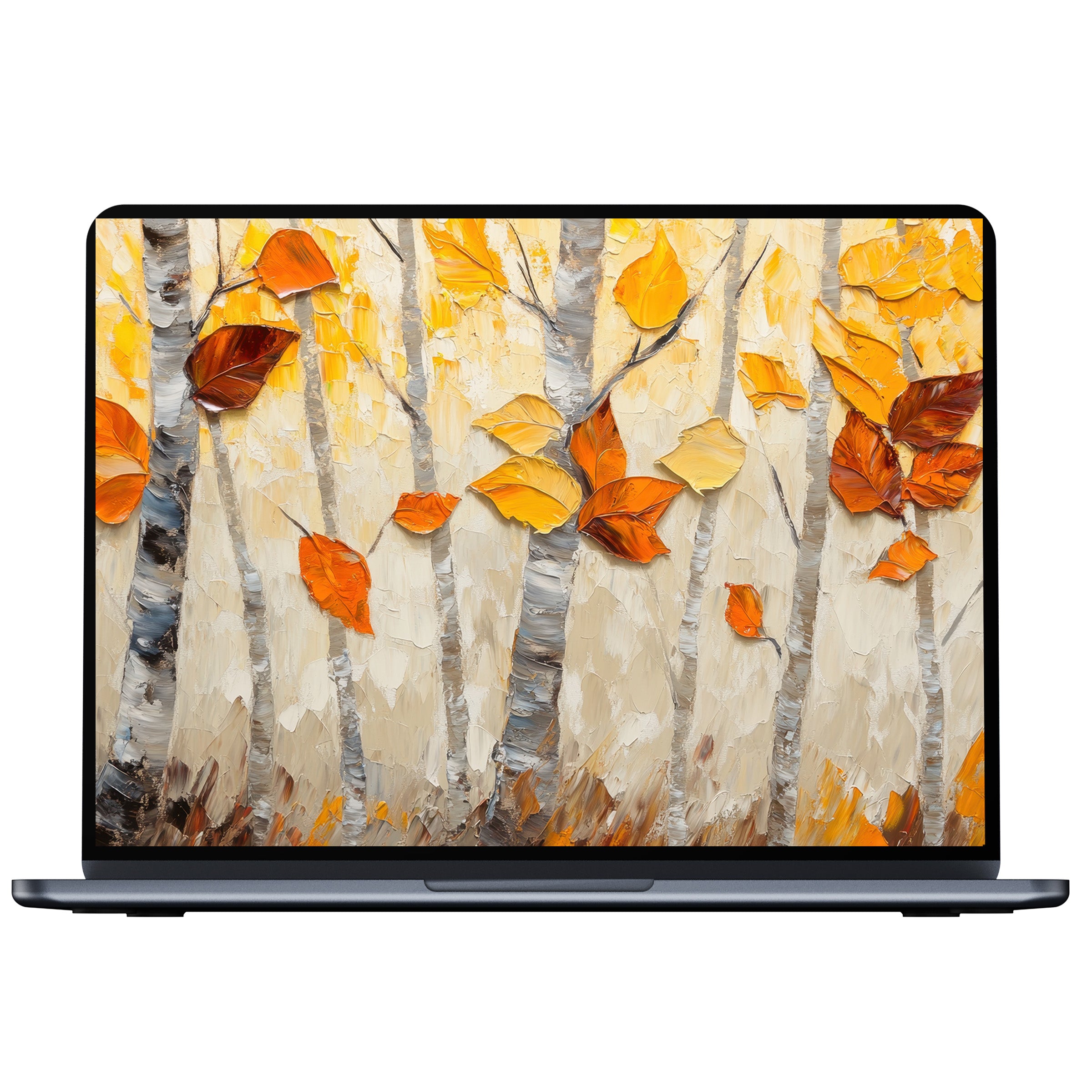 Elegant tree desktop wallpaper featuring impressionist autumn birch forest in warm hues, perfect digital download for PC or laptop ambiance