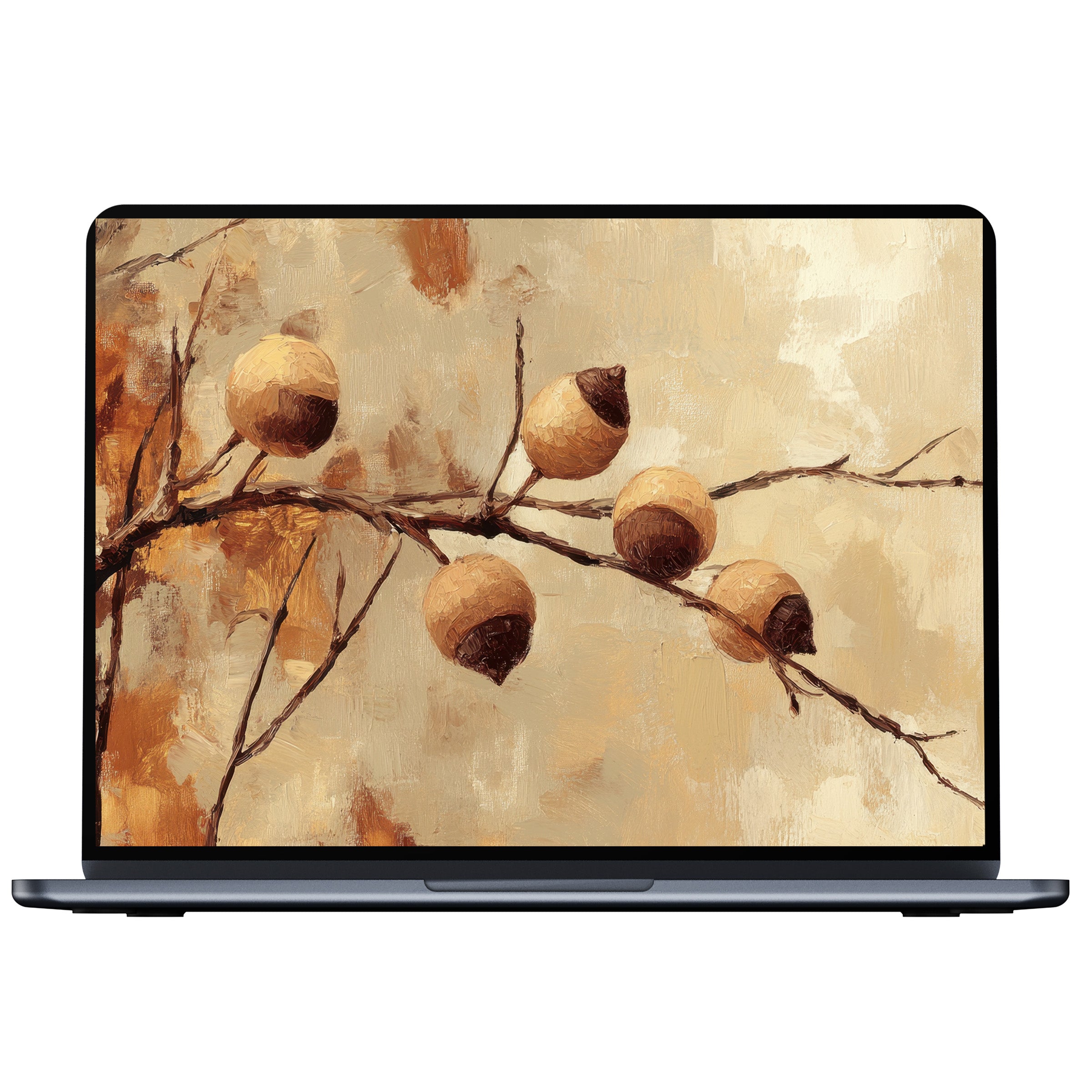 Elegant tree desktop wallpaper with earthy tones, calming acorns for PC, laptop, or Mac digital download, inspiring natural texture