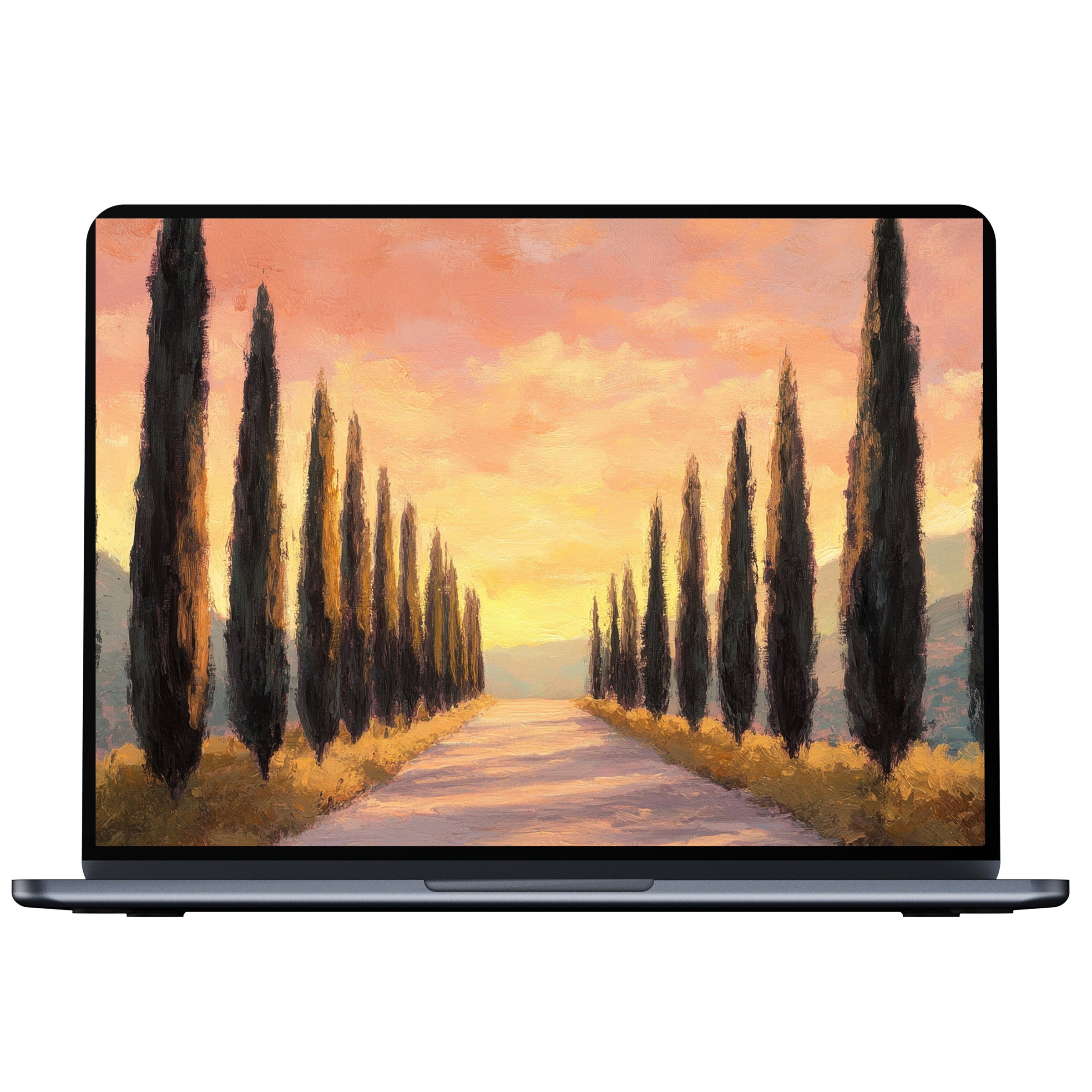 Elegant tree desktop wallpaper digital download; serene sunset path for PC, Laptop, or Mac inspiring calm and mindfulness