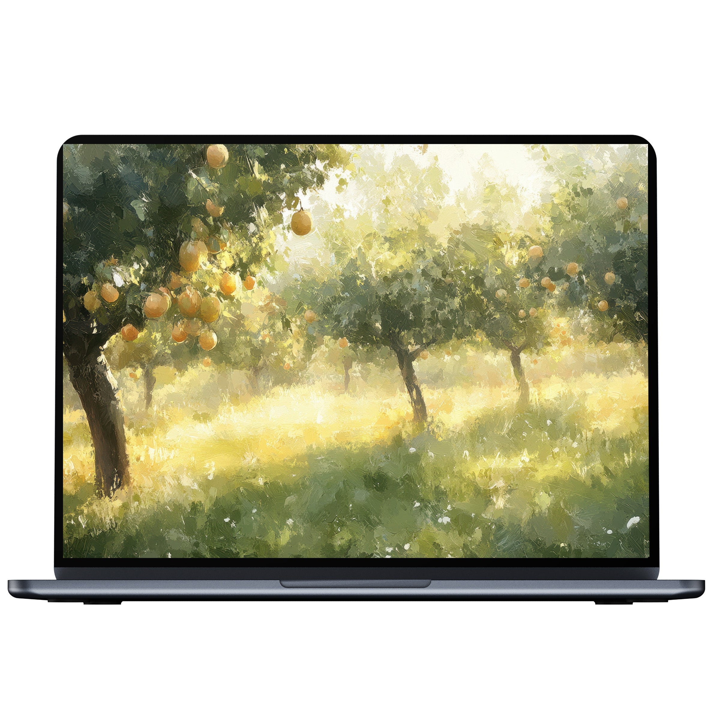 Inspire calm with this tree desktop wallpaper, a digital download perfect for PC or laptop, featuring sunlit orchard elegance
