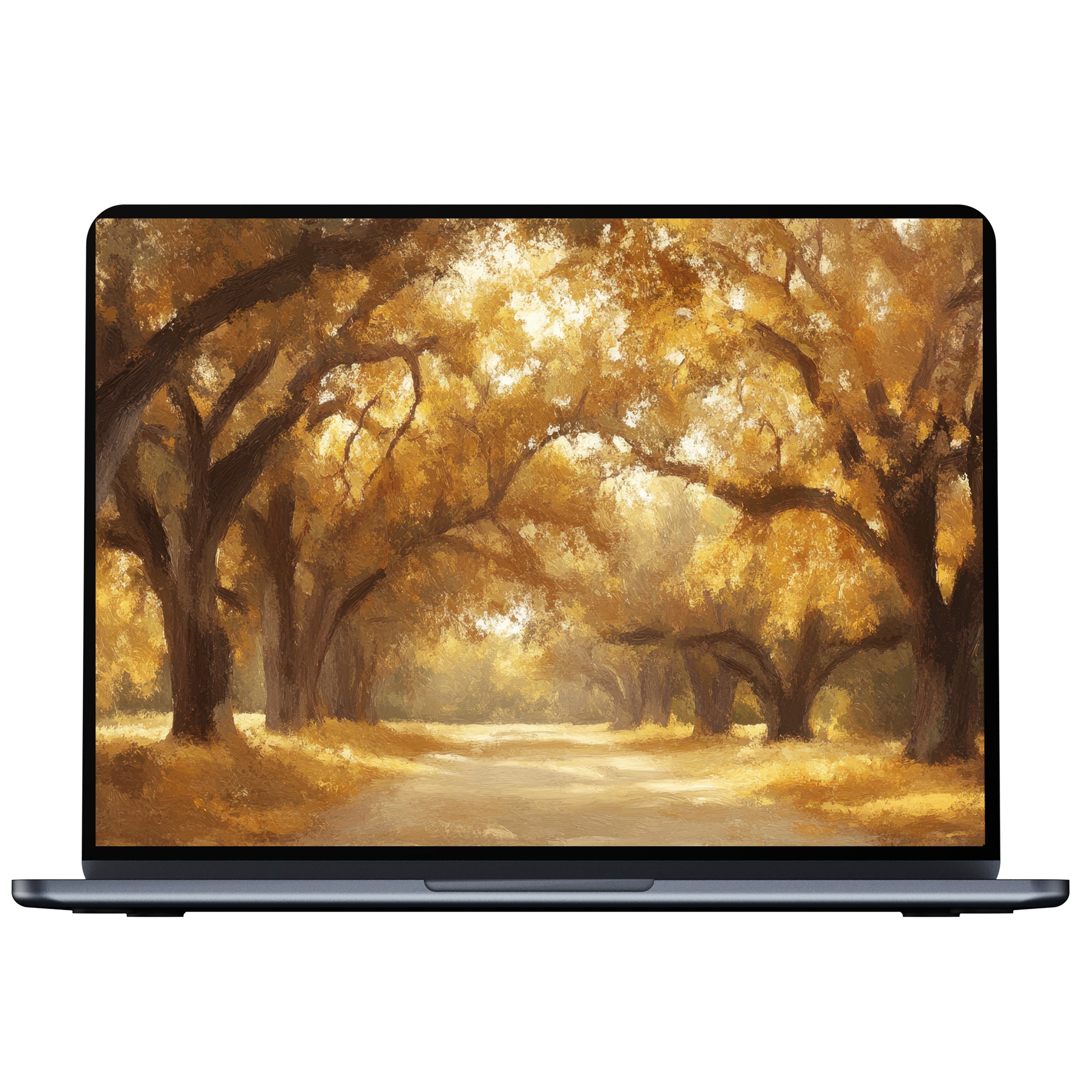 Warm autumn tree desktop wallpaper for PC, laptop, and Mac digital download evokes serenity and elegance with golden tones and nature's embrace