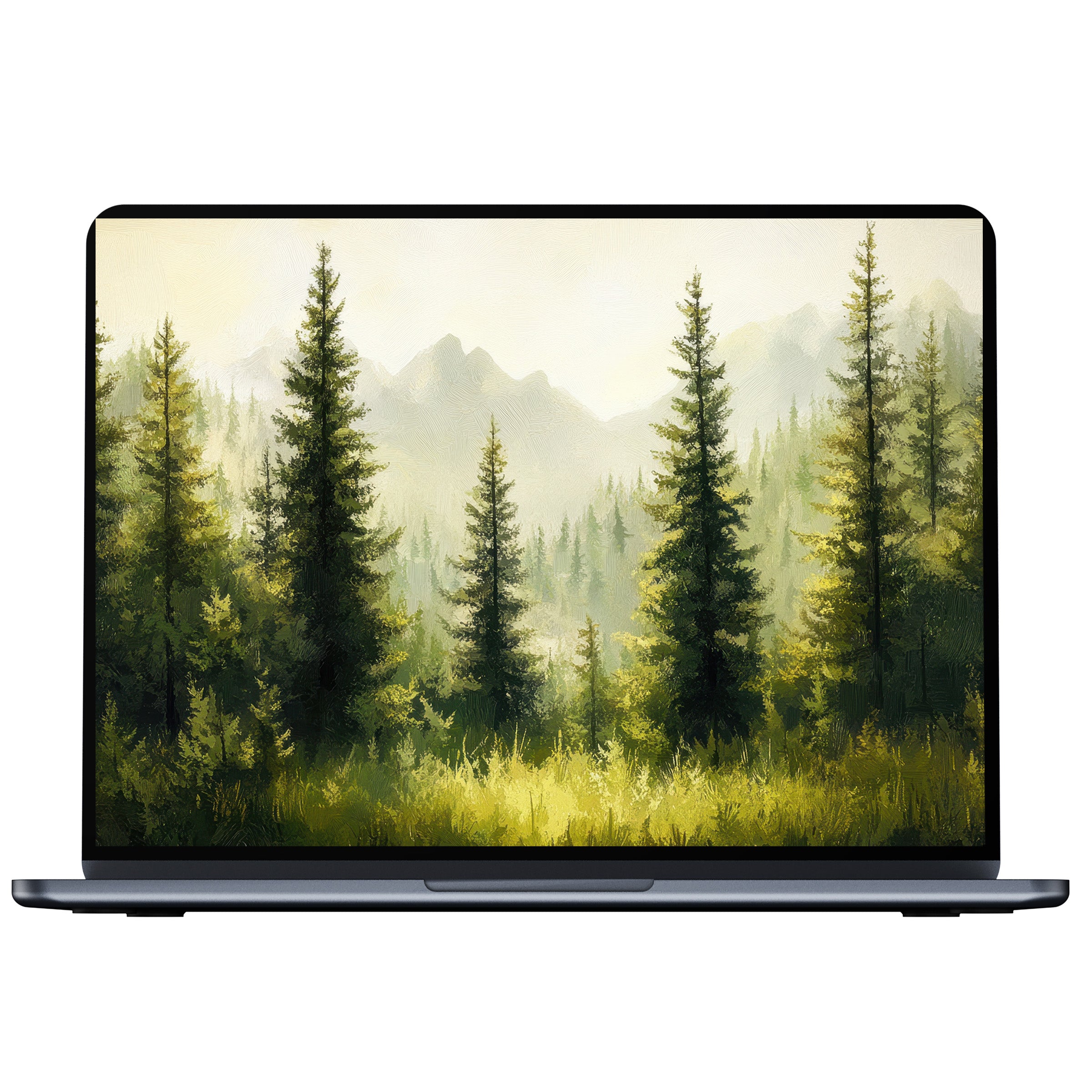 Serene tree desktop wallpaper digital download with lush green forest and misty mountains, perfect for PC, laptop, or Mac users