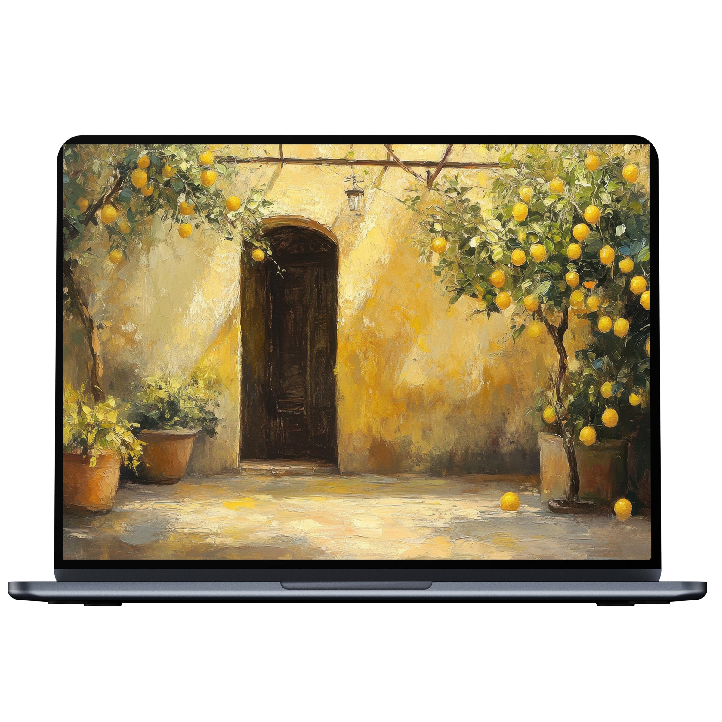 Elegant tree desktop wallpaper showcasing a serene courtyard with yellow hues, ideal digital download for PC or laptop relaxation