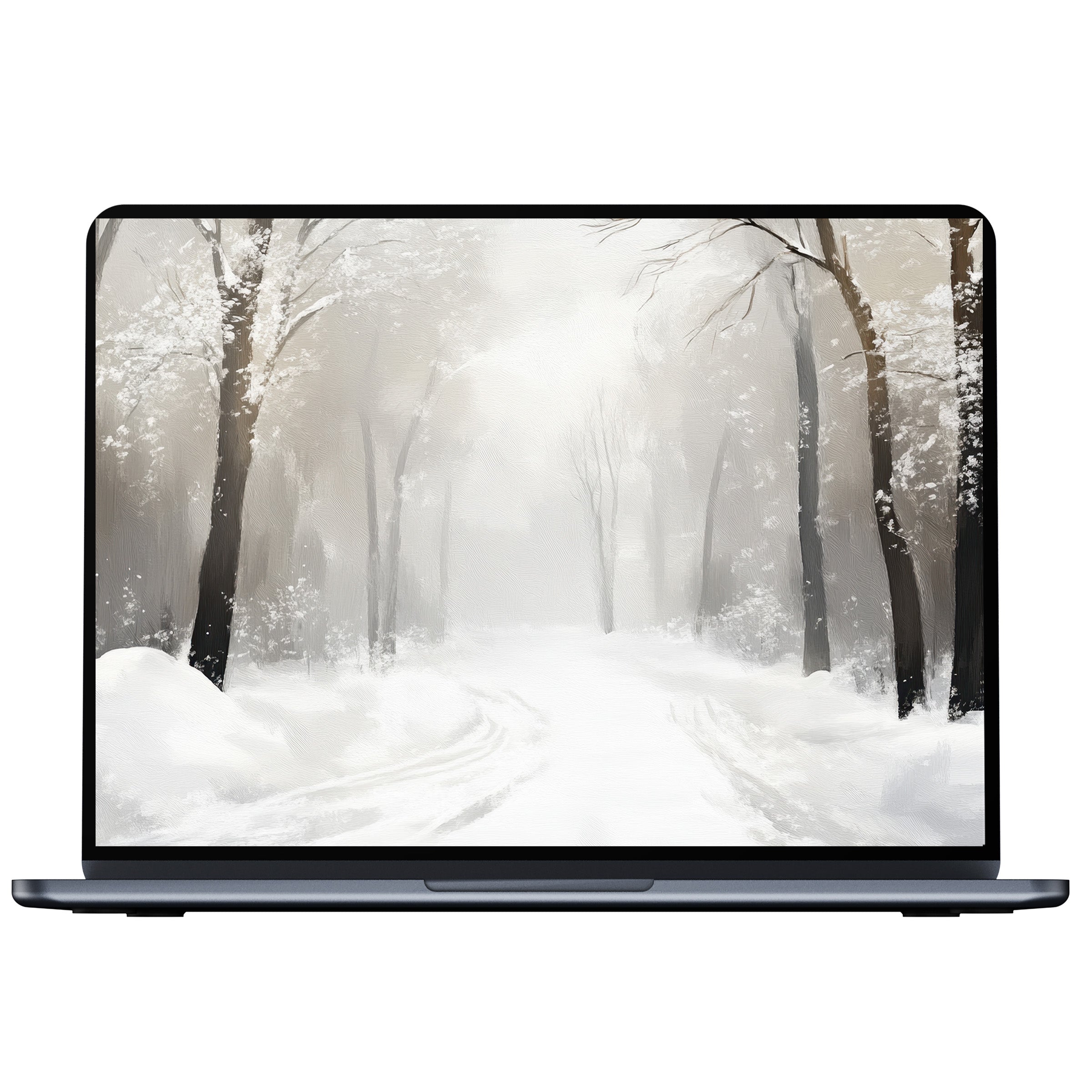 Elegant snow-covered forest tree desktop wallpaper for PC or laptop digital download evokes tranquility and mindful inspiration