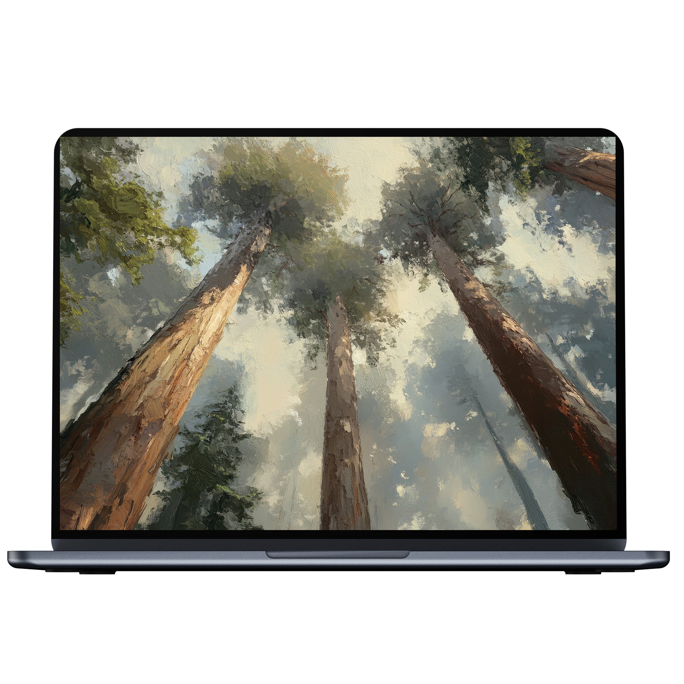 Elegant tree desktop wallpaper digital download features towering forest in soft hues for PC, laptop, Mac inspiring calm and mindfulness