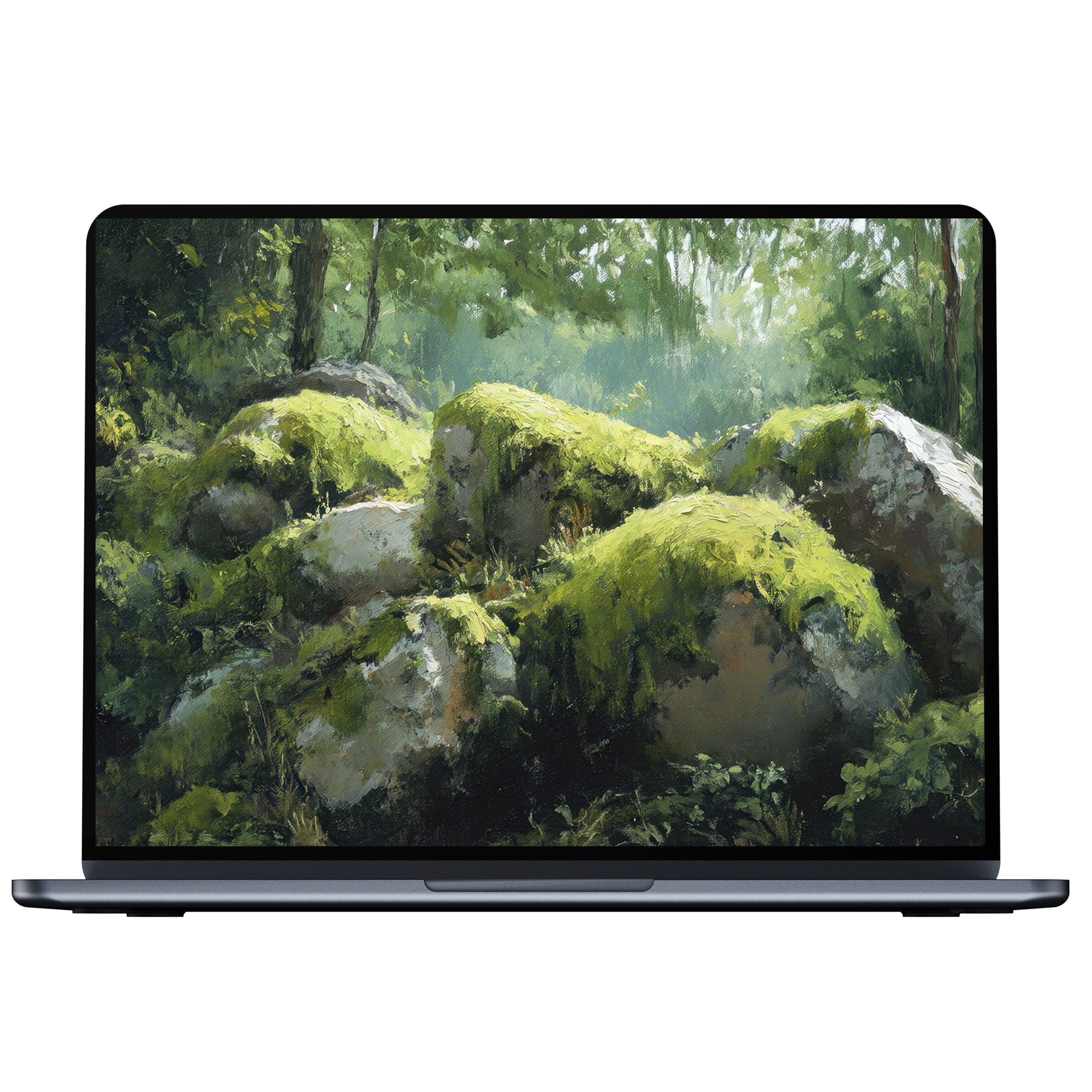 Inspire tranquility with a tree desktop wallpaper showcasing moss-covered rocks in lush green hues for PC and laptop digital download
