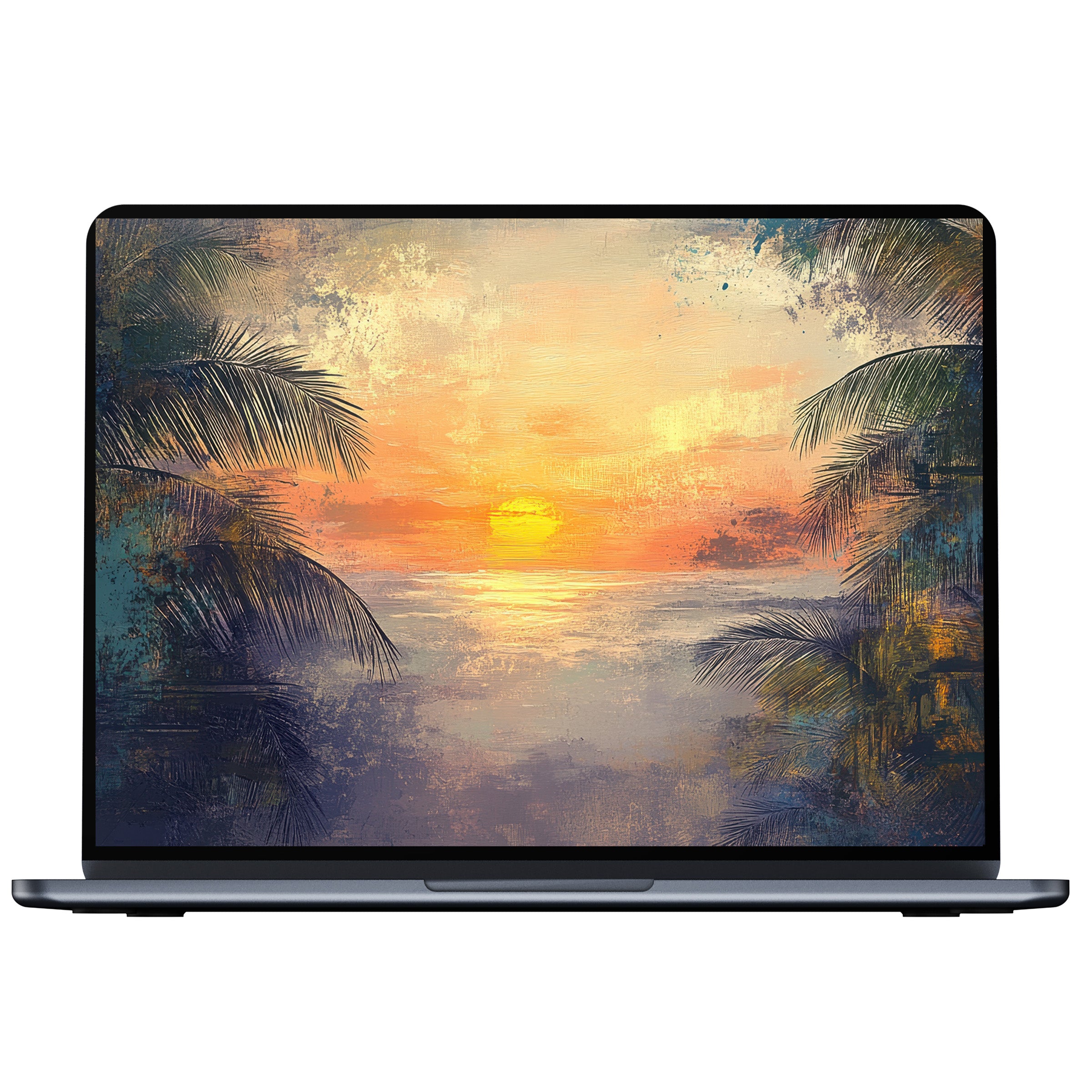 Elegant tree desktop wallpaper digital download featuring a serene sunset with palm silhouettes perfect for PC or laptop screens