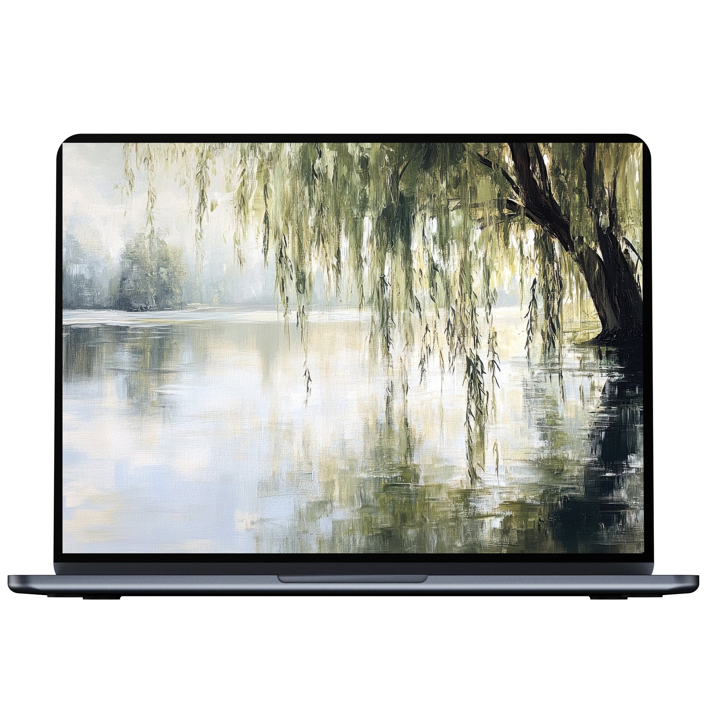 Tranquil tree desktop wallpaper digital download offers a serene landscape in soft greens and grays designed for PC and laptop use