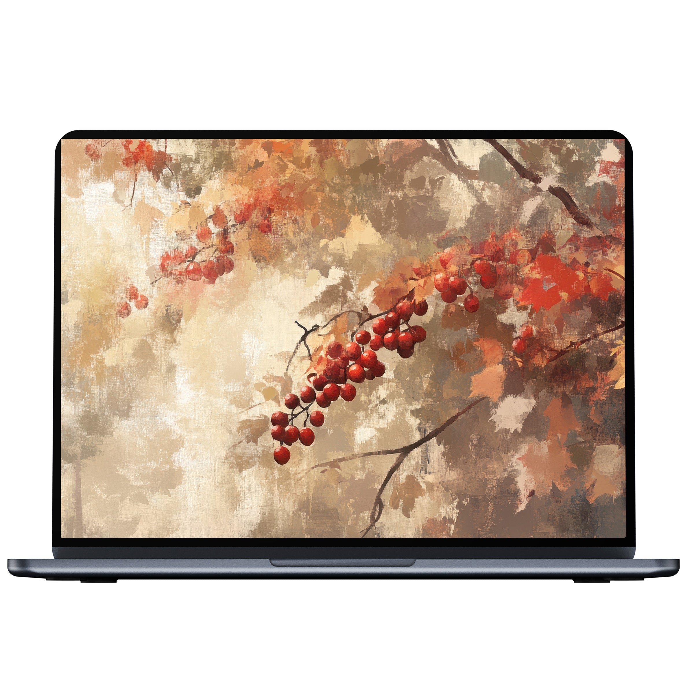 Autumn-inspired tree desktop wallpaper digital download featuring vibrant red berries and soft brushstrokes for PC or laptop elegance