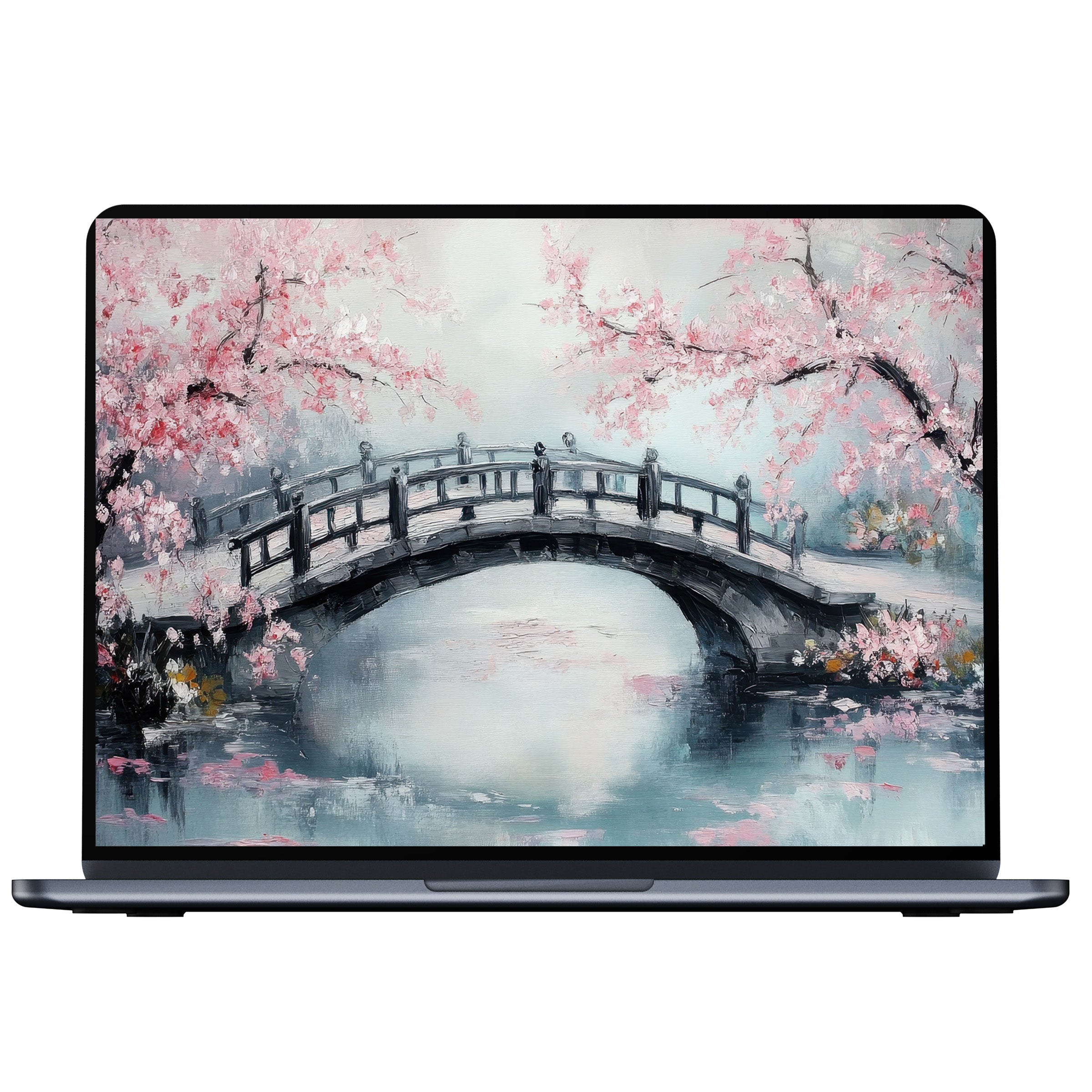 Elegant tree desktop wallpaper digital download featuring a serene bridge over water with cherry blossoms ideal for PC and laptop screens