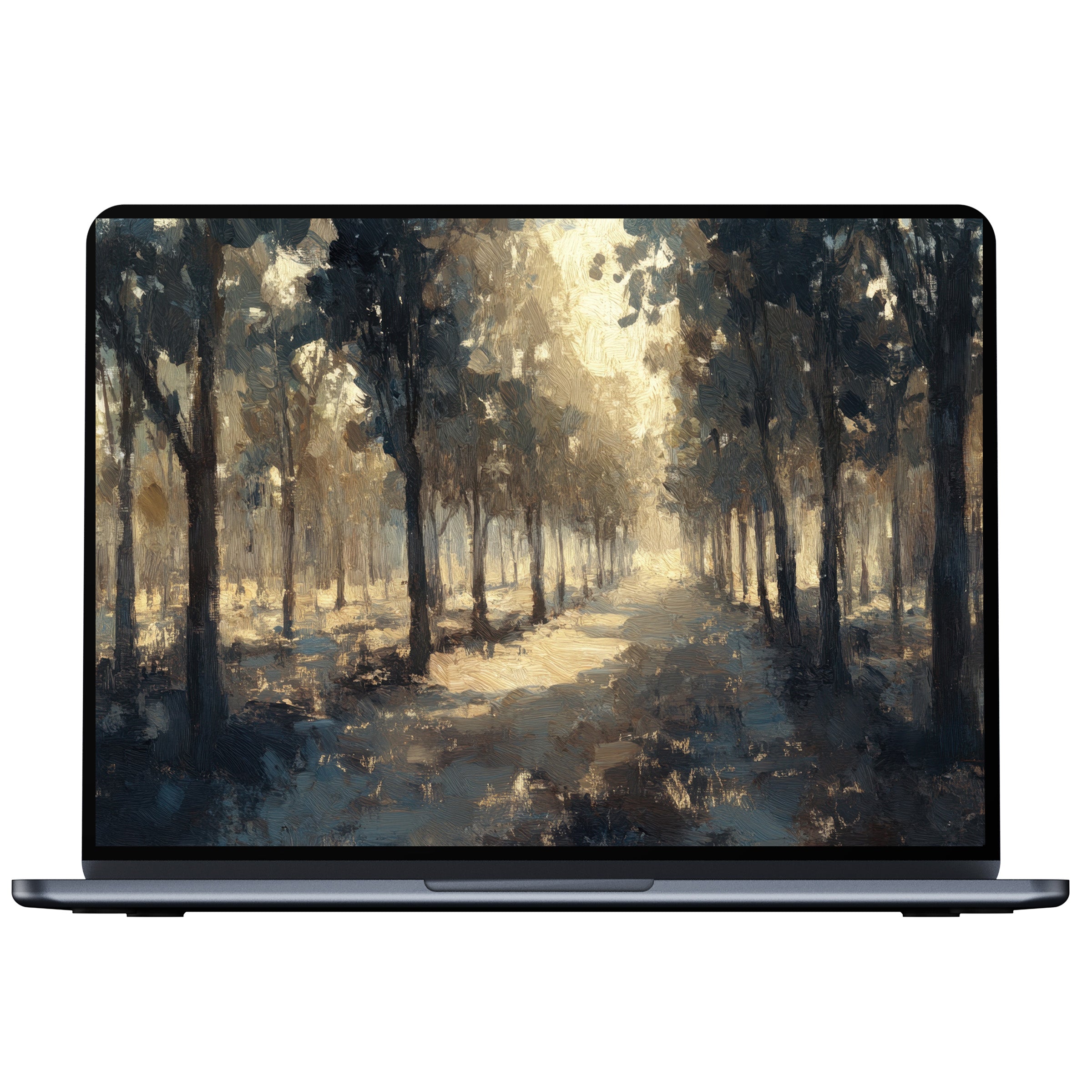 Serene tree desktop wallpaper digital download captures elegant sunlight filtering through lush forest perfect for PC laptop or Mac use