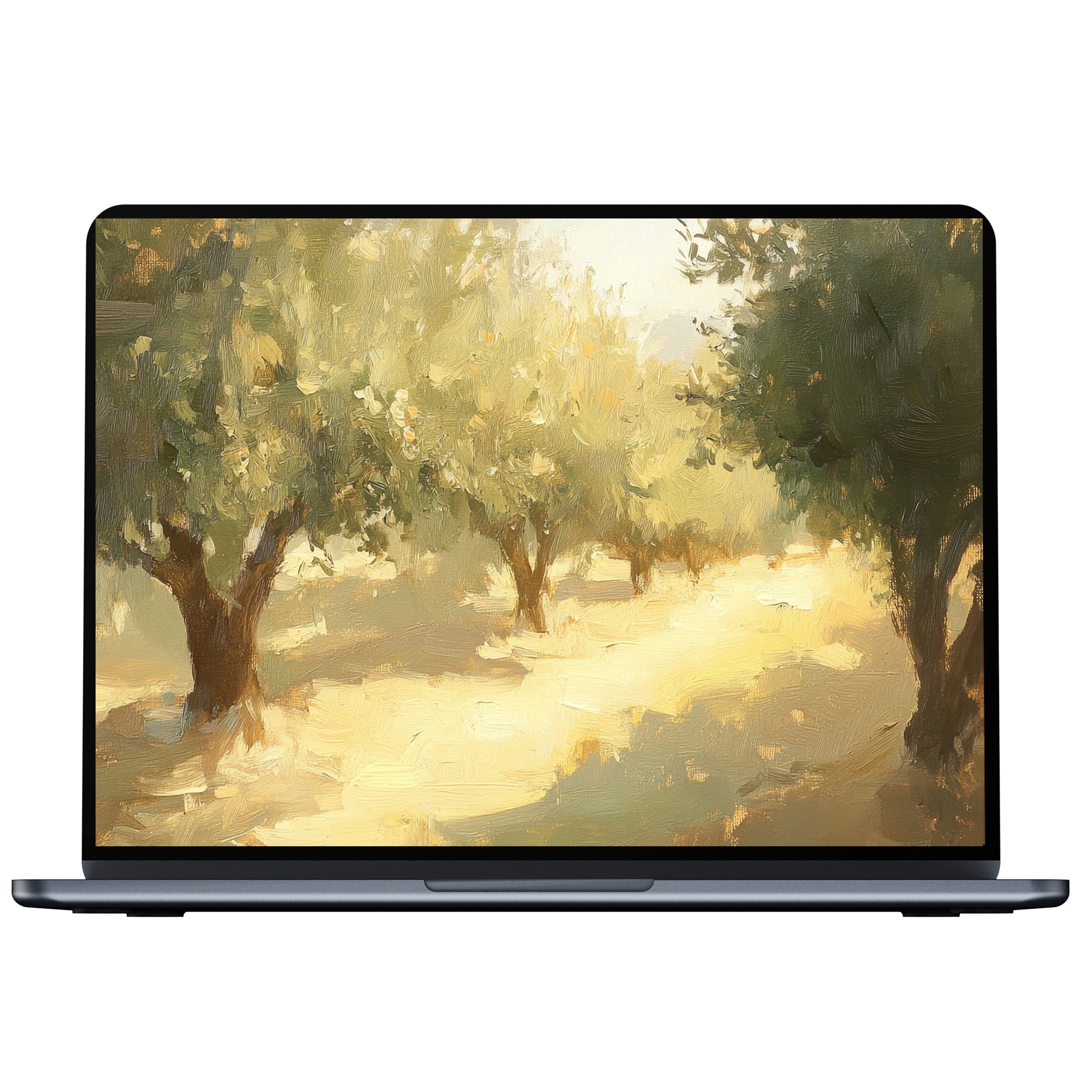 Sun-dappled tree desktop wallpaper digital download in soft brushstrokes, perfect for PC or laptop, inspiring calm and elegance