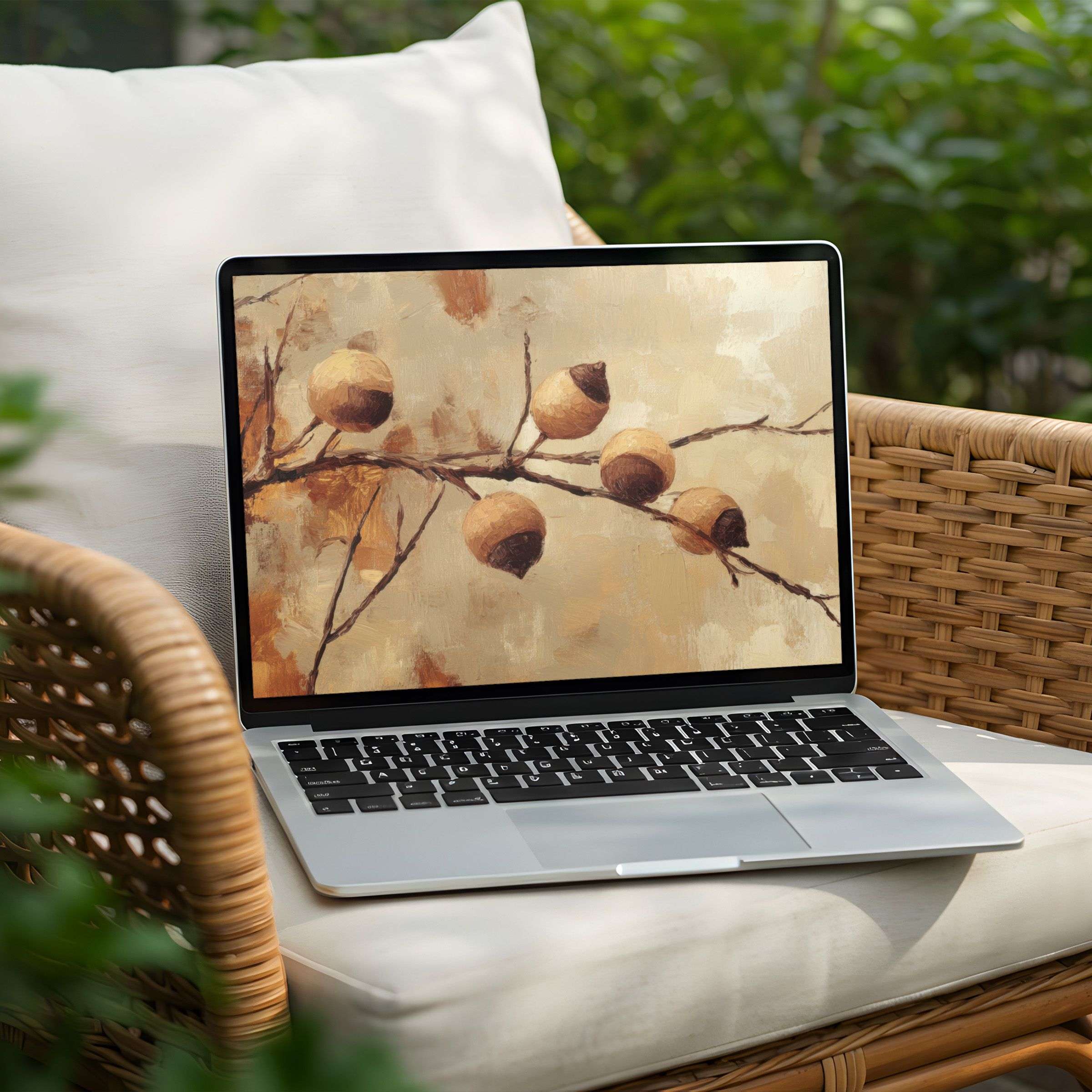 Elegant desktop background for PC or Laptop featuring acorn art in soothing tones, available for instant download to inspire mindfulness