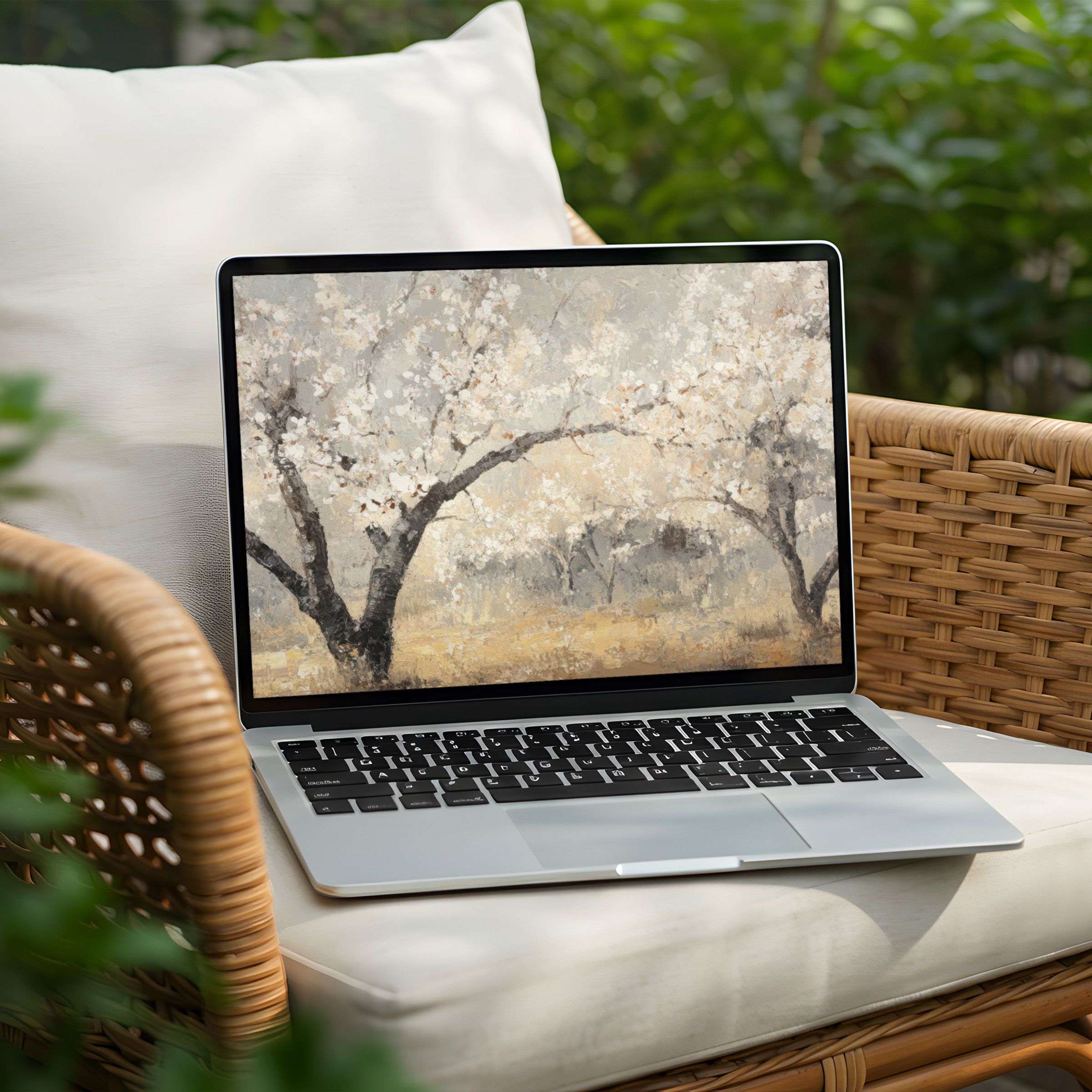 Elegant cherry blossom art for desktop background on PC or Laptop, instant download to inspire calm and mindful workspaces