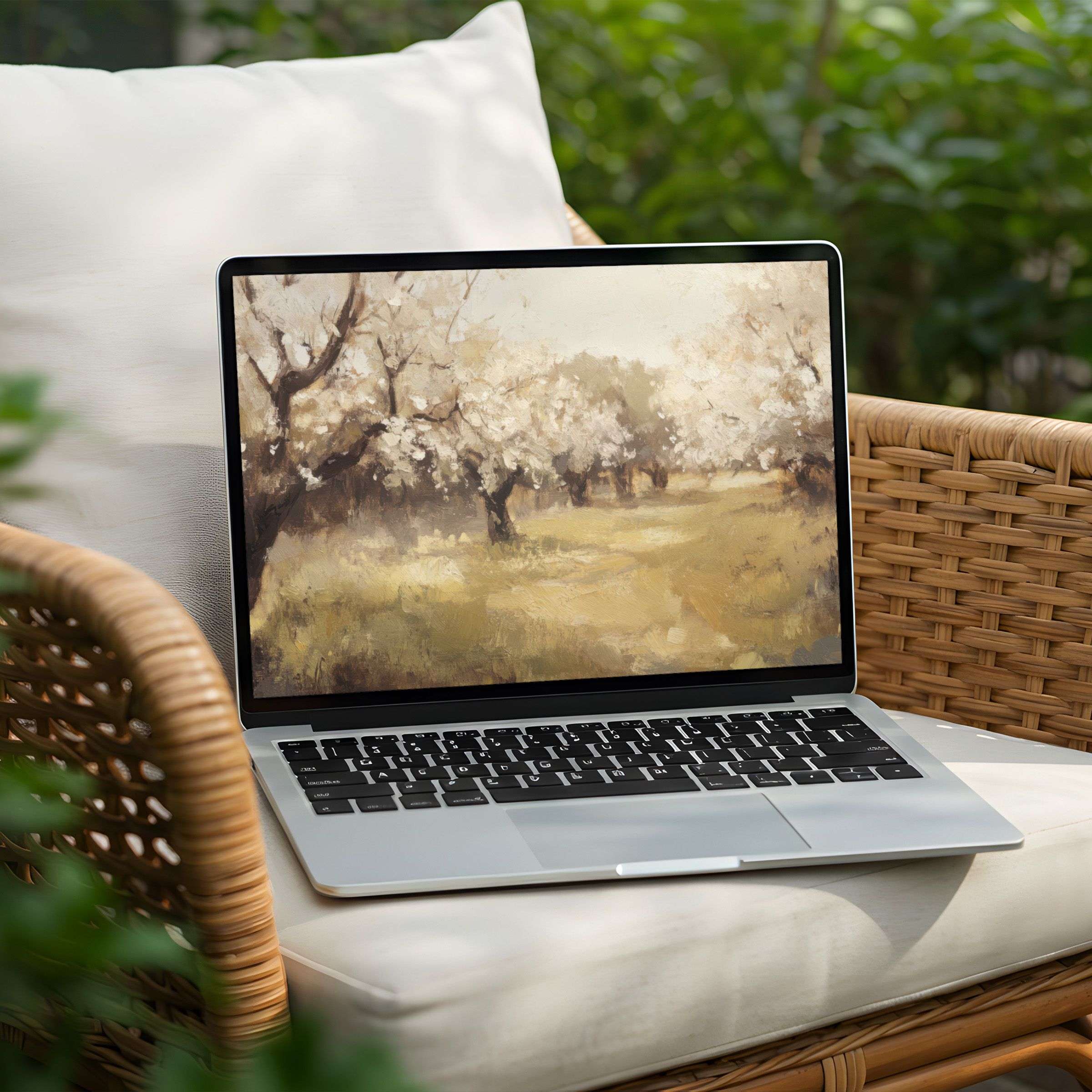 Instant download desktop background for PC or Laptop featuring serene spring landscape painting inspiring calm and elegance