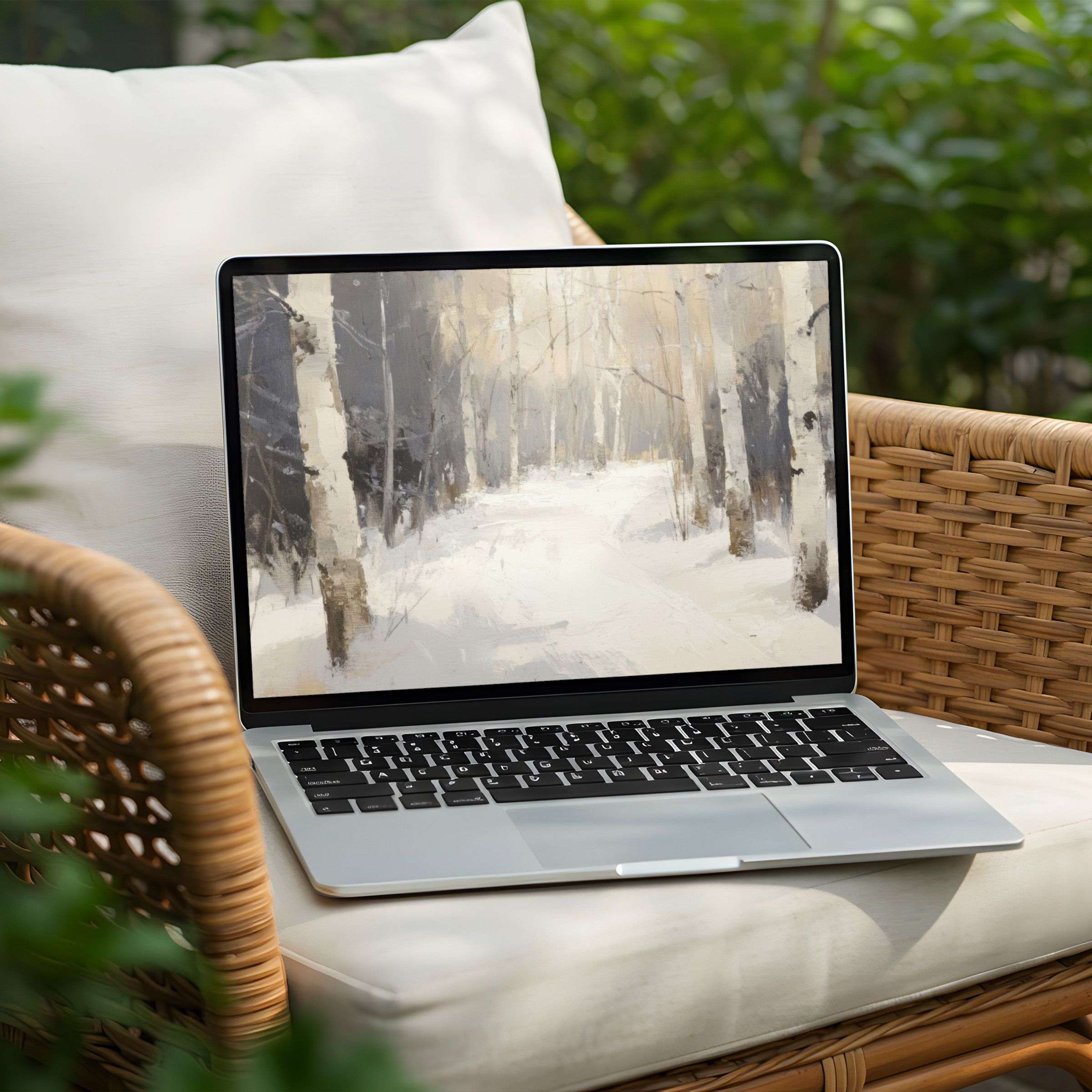 Tranquil winter forest desktop background for PC and Laptop instant download inspires calm elegance with serene snowy tones