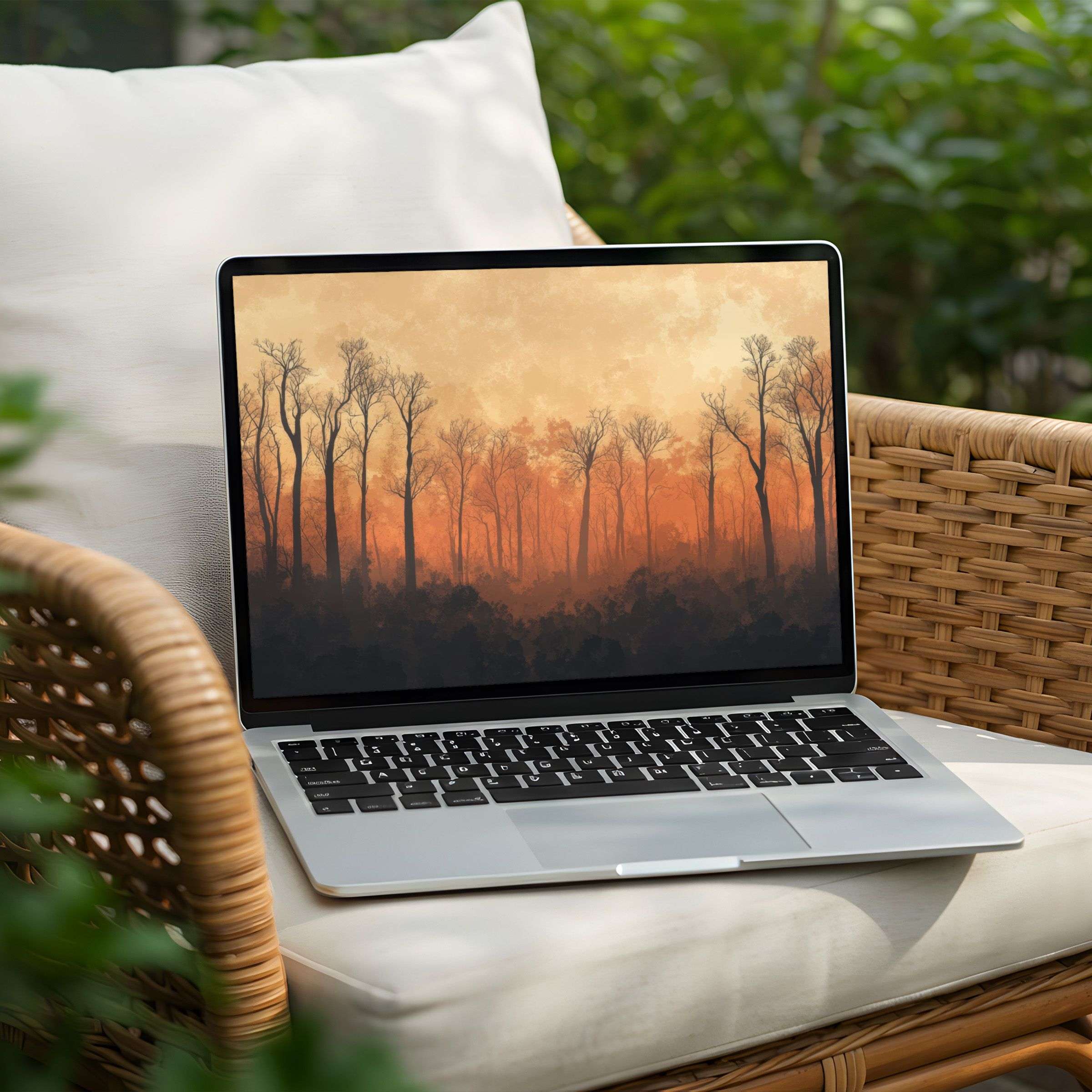 Calming artistic forest landscape on a Laptop's desktop background for instant download inspires mindfulness and elegance on any PC