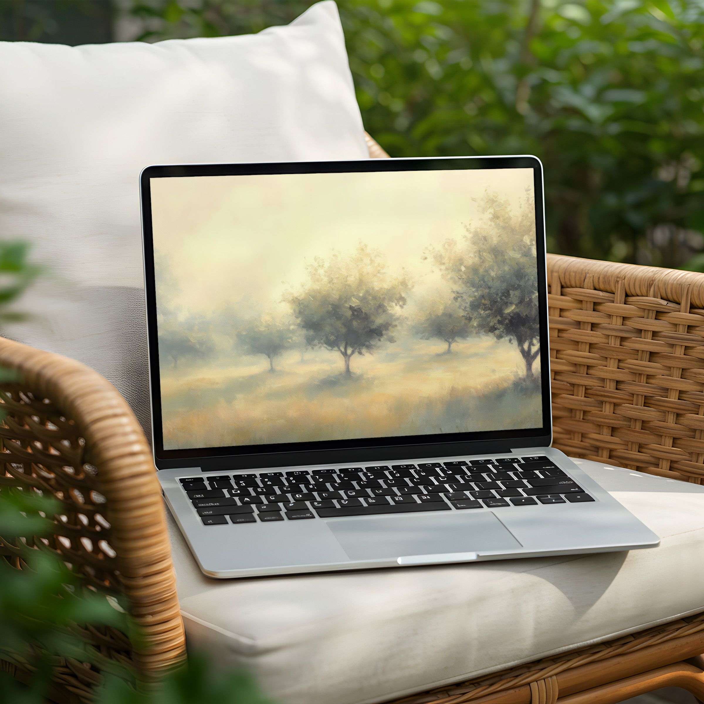 Calming trees in a serene pastel landscape inspire mindfulness on your PC or Laptop desktop background instant download