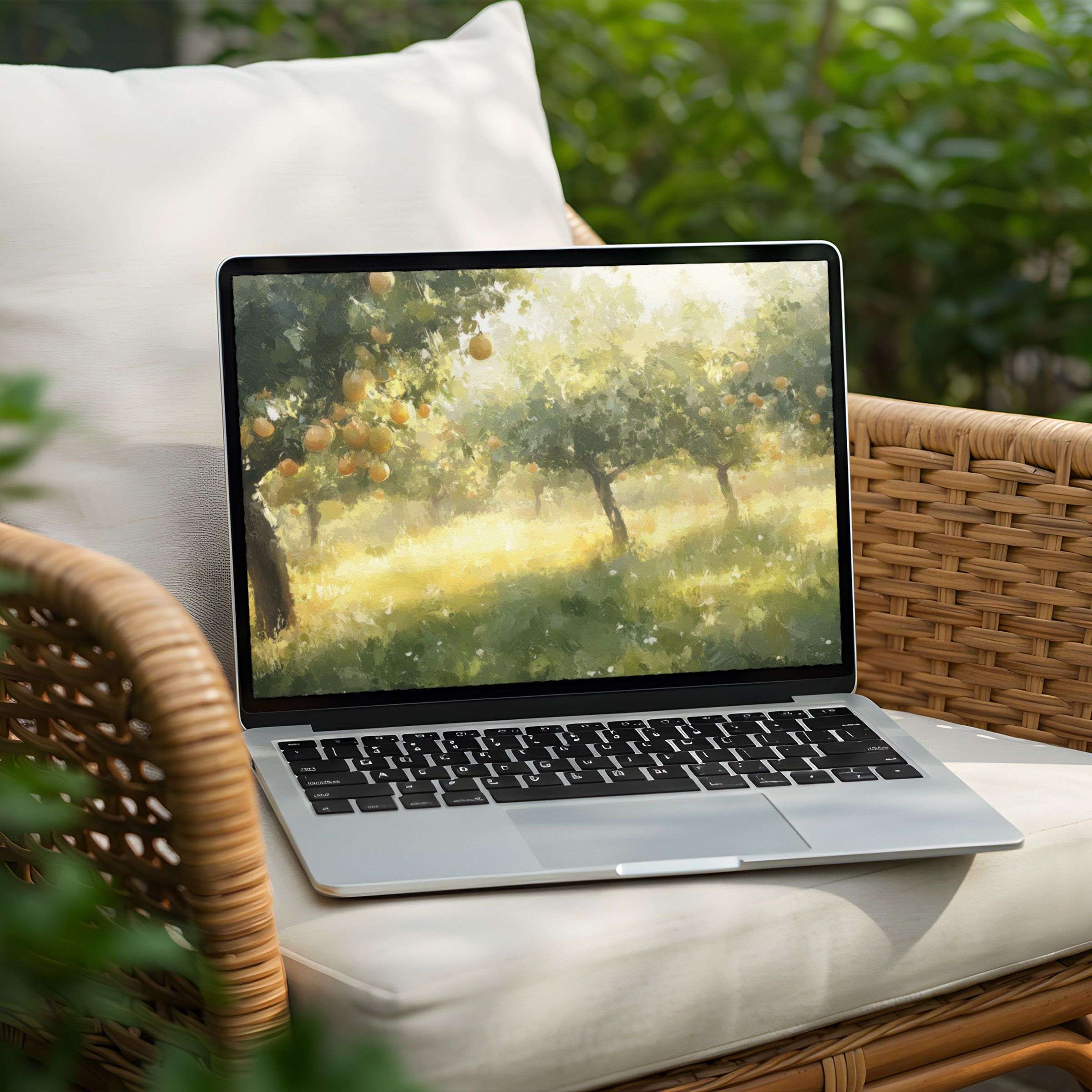 Serene orchard landscape digital art for PC or laptop desktop background, offering instant download for calm inspiration