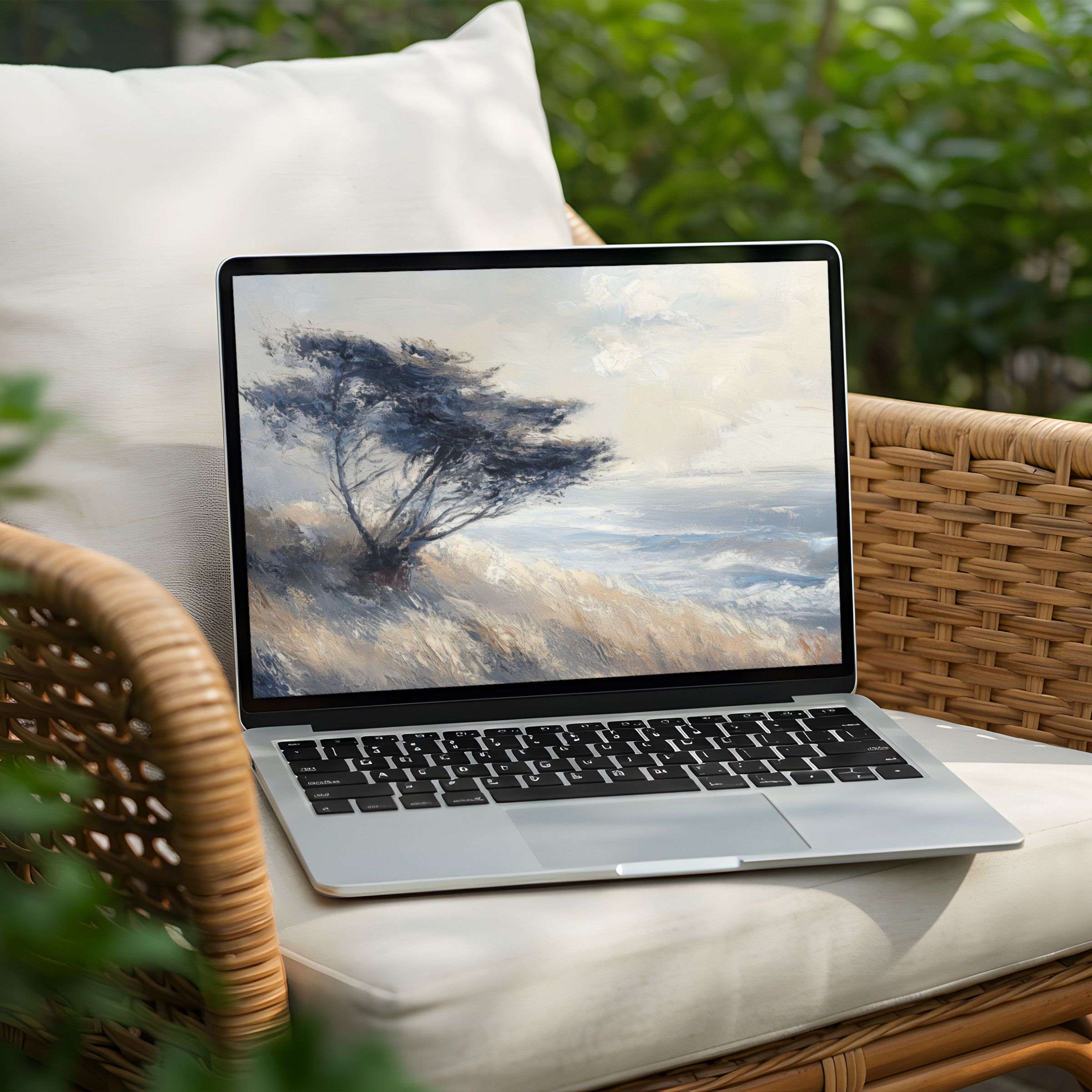 Serene coastal landscape painting on PC desktop background for instant download inspires calm and elegance on your Laptop