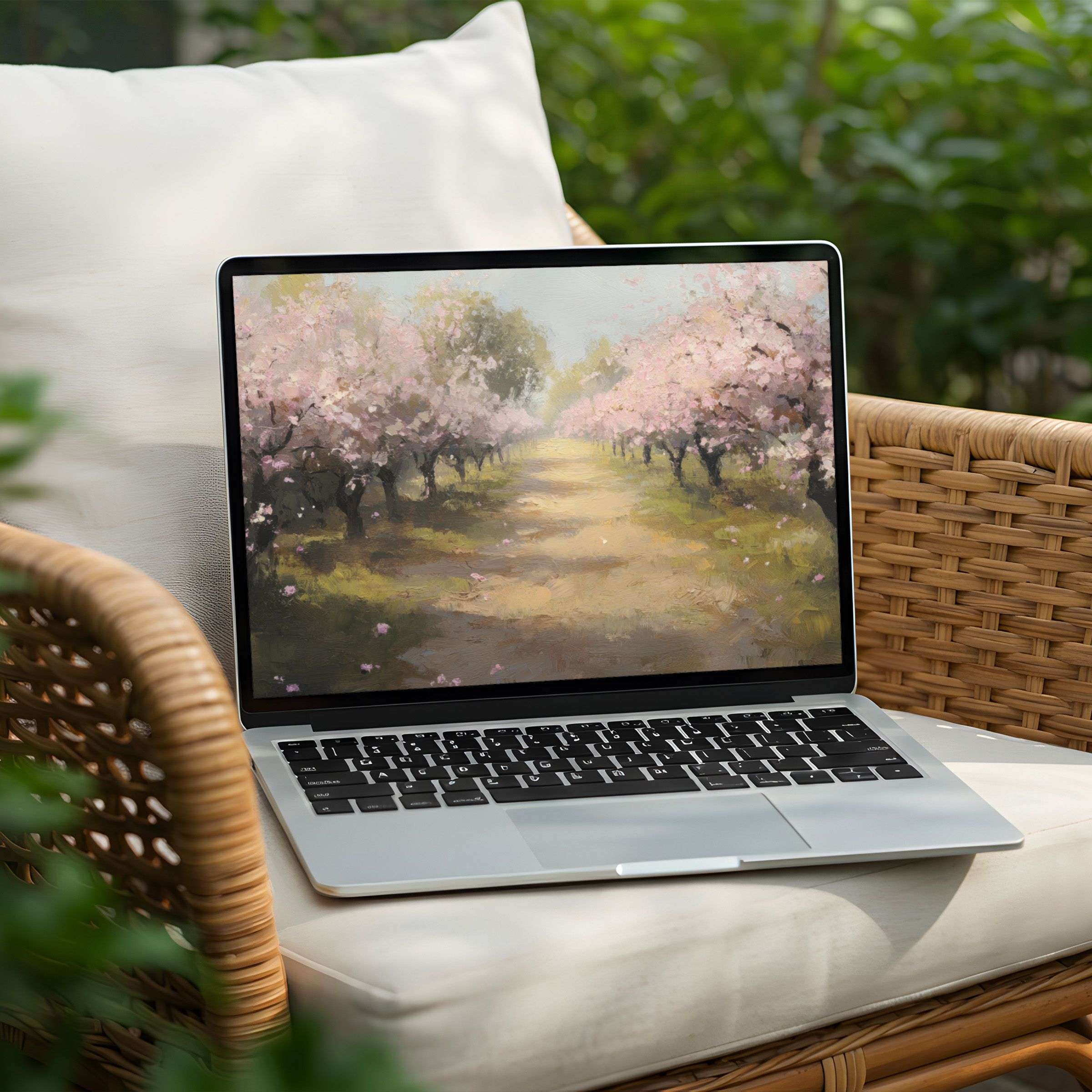 Serene cherry blossom path digital art as an inspiring desktop background for PC and Laptop instant download for mindful elegance