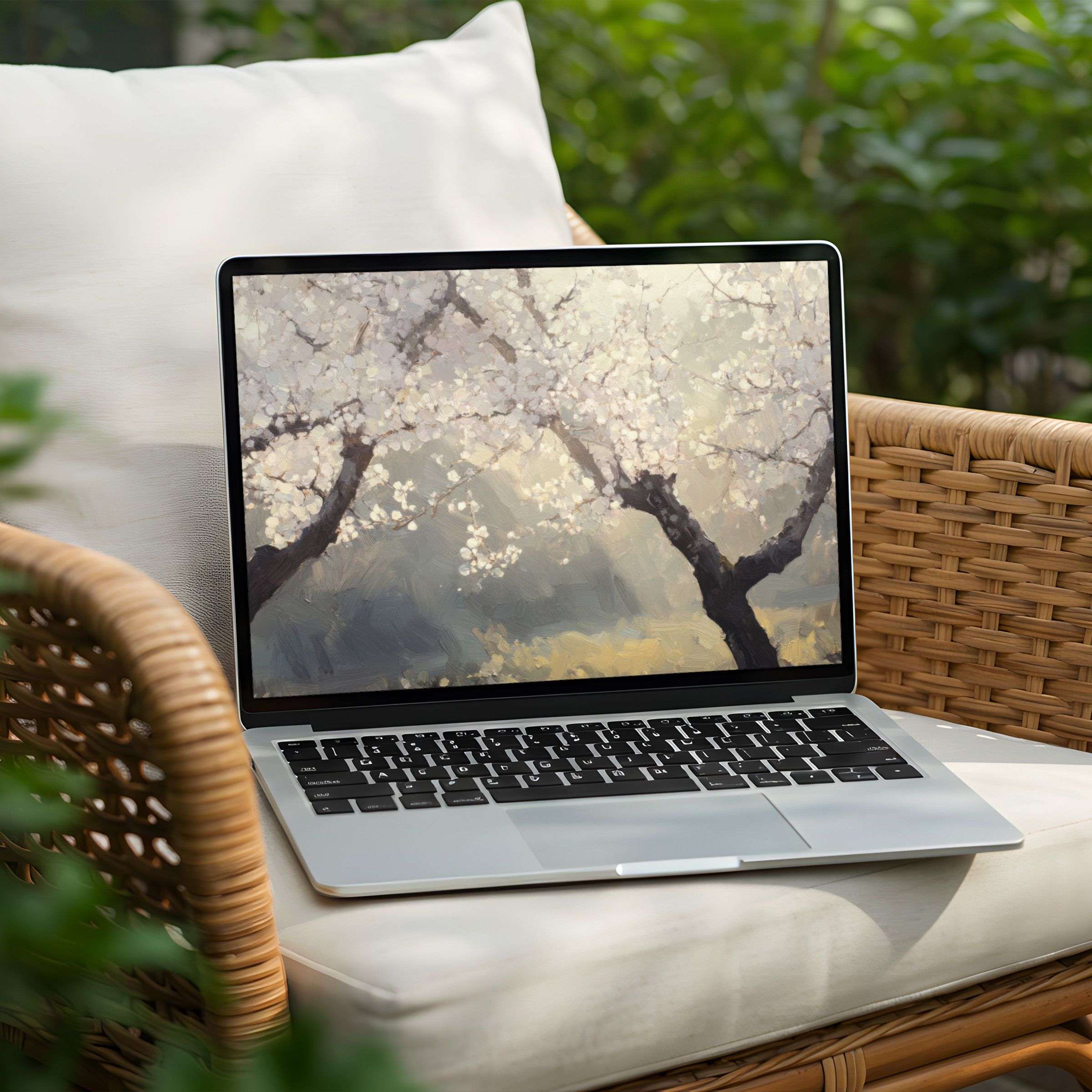 Tranquil cherry blossom painting as a desktop background for PC or Laptop offers instant download, bringing calm inspiration