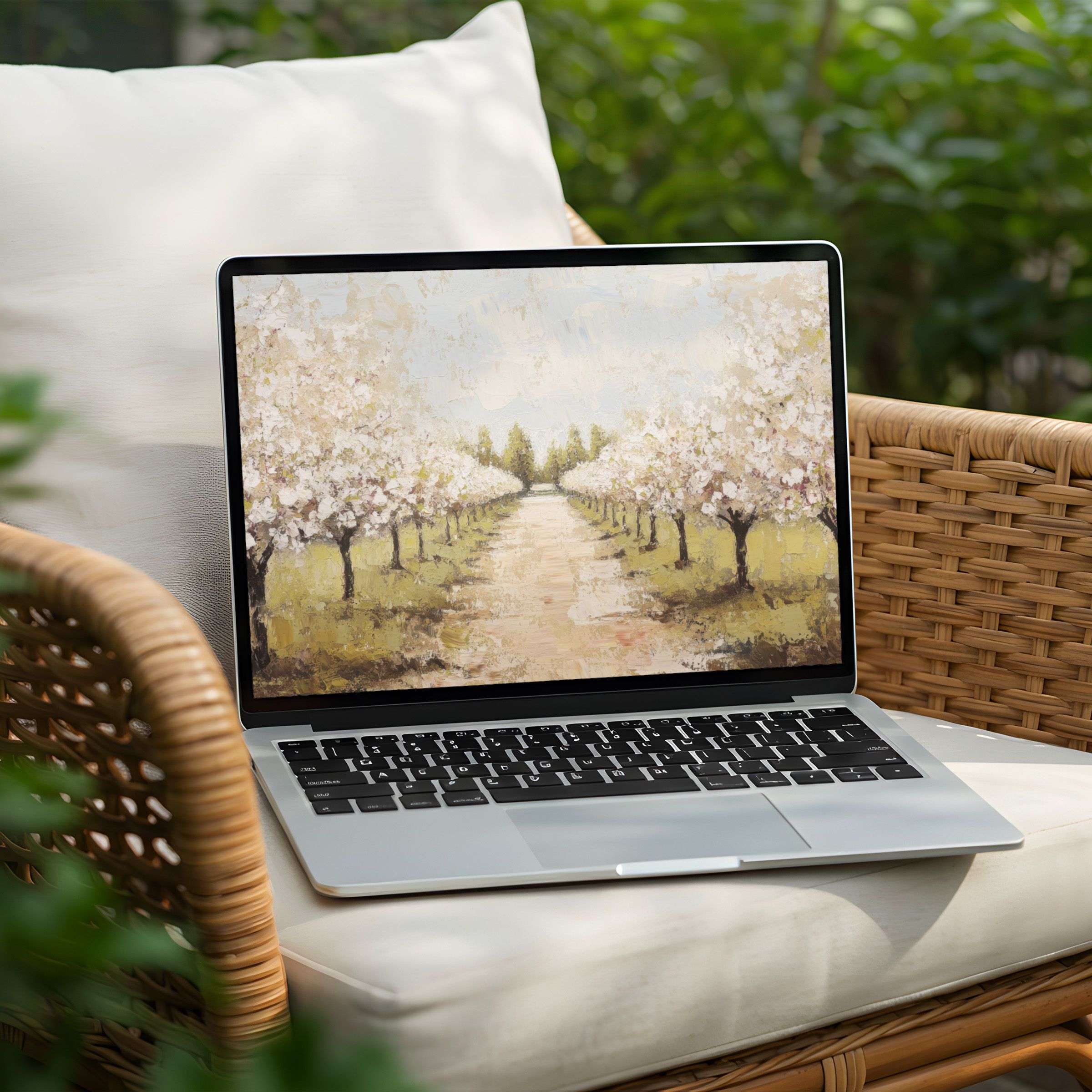 Elegant artistic desktop background featuring serene orchard landscape painting available as instant download for PC or Laptop users
