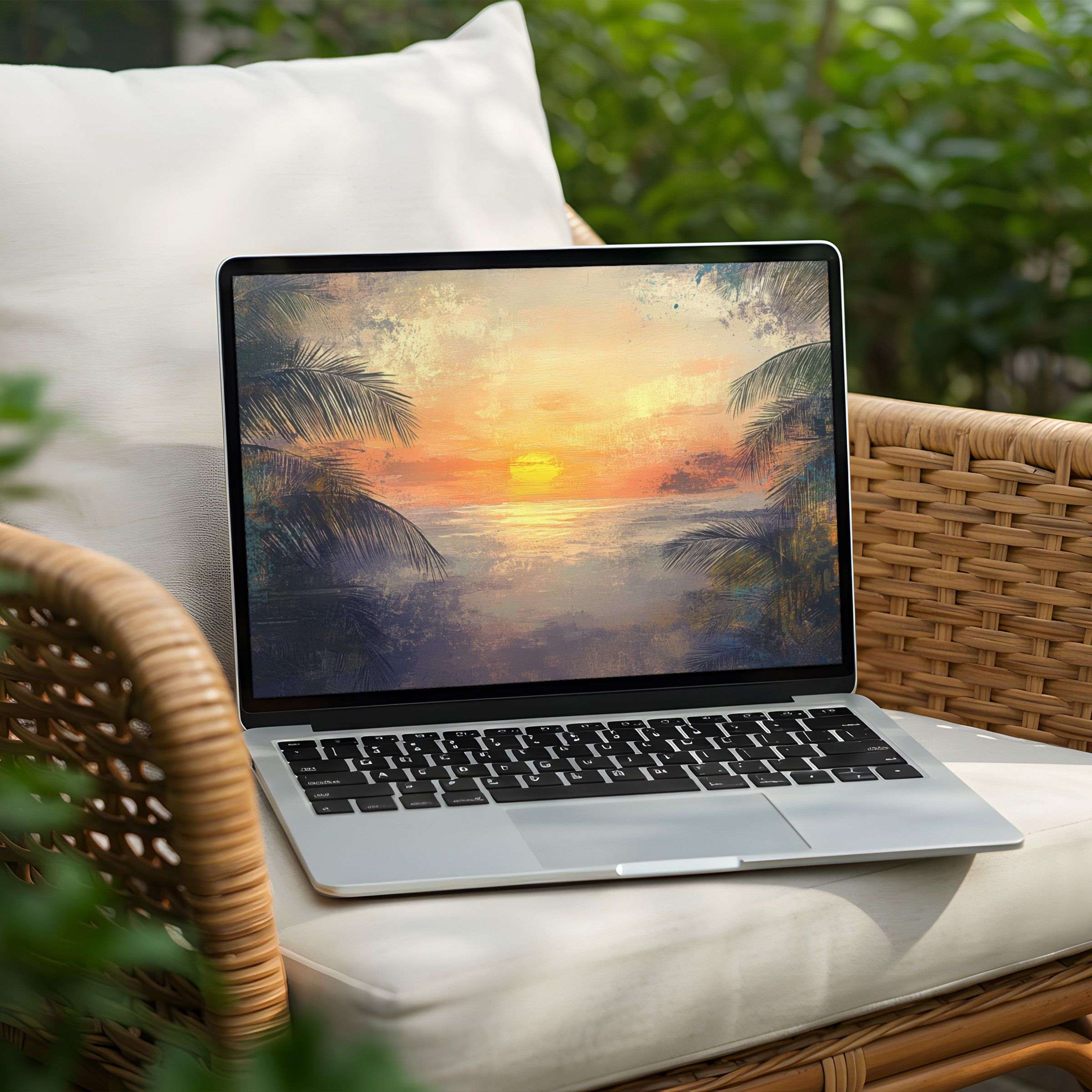 Serene sunset desktop background for PC and Laptop instant download inspiring calm and elegance with tranquil palm silhouettes