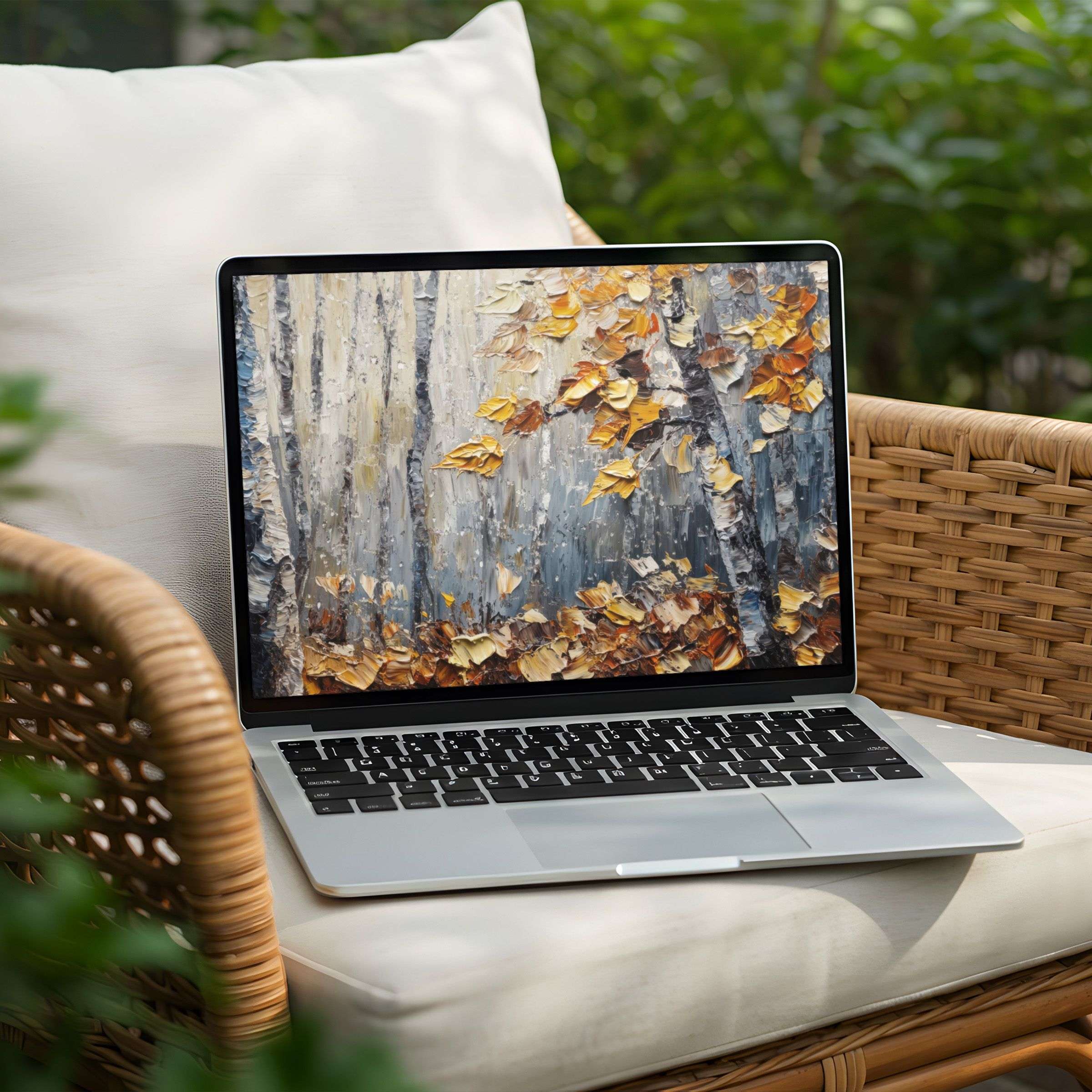 Elegant desktop background for PC or Laptop featuring a tranquil autumn forest scene available for instant download to inspire mindfulness