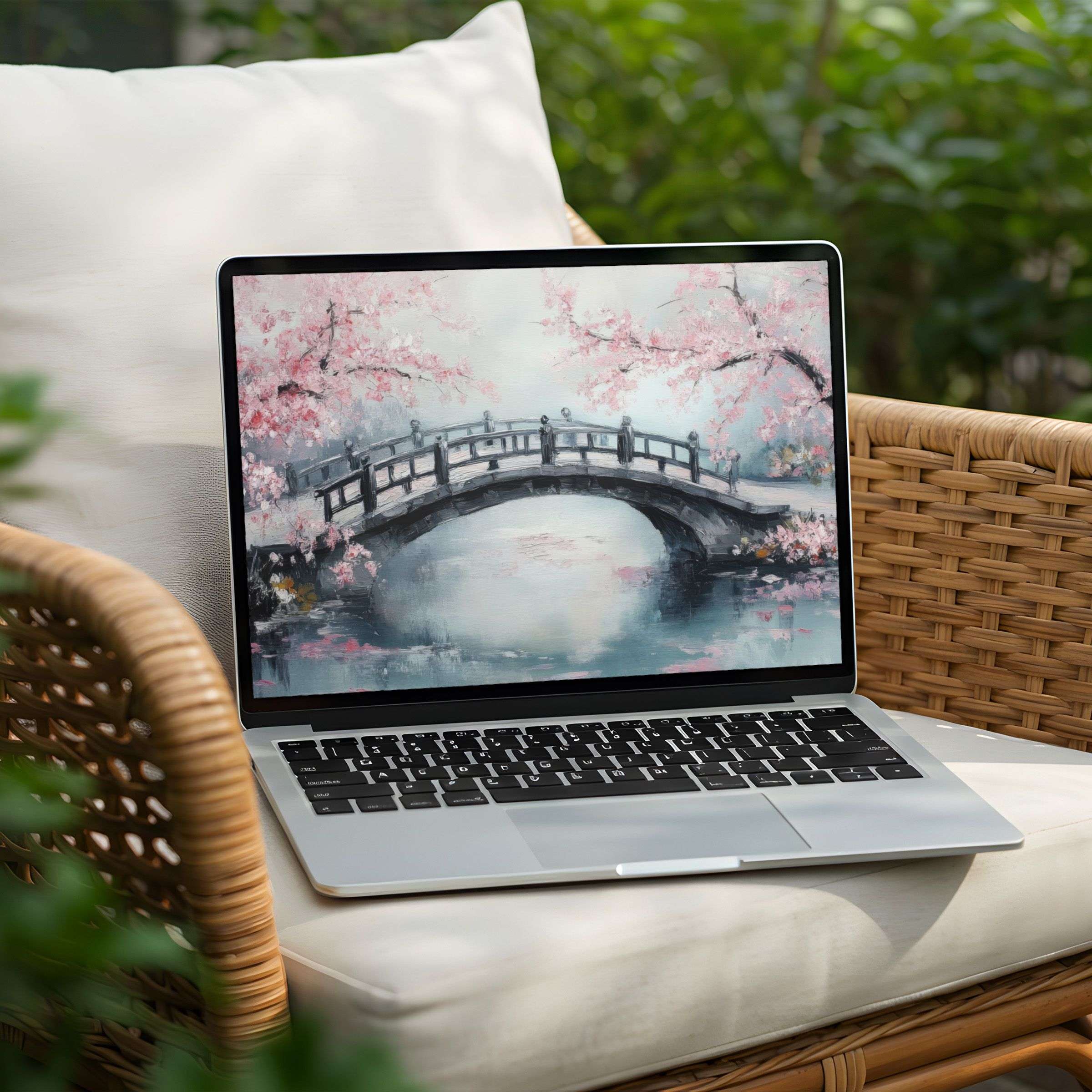 Serene cherry blossom bridge desktop background for instant download, enhancing PC and Laptop with calm, inspiring elegance