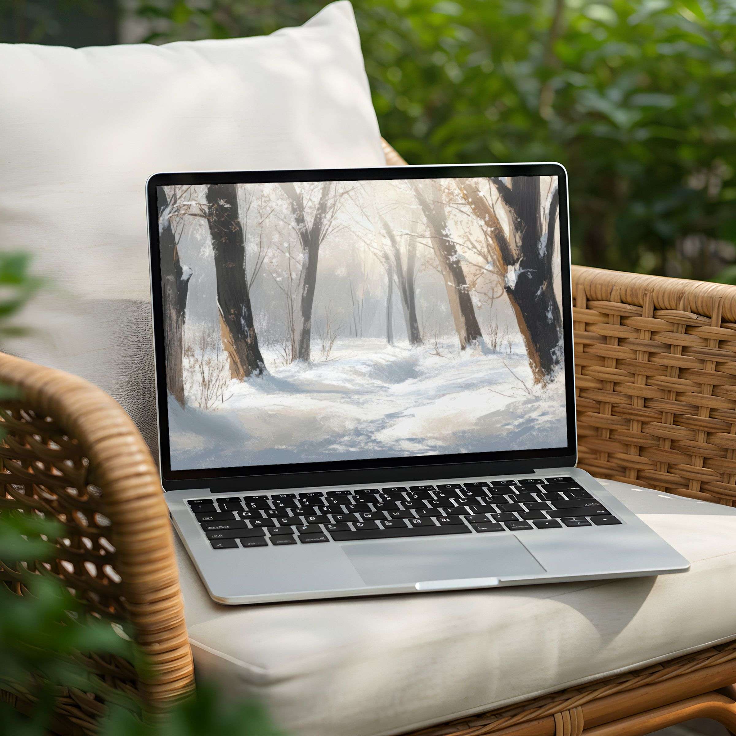 Elegant winter landscape desktop background on a Laptop for instant download, inspiring calm and mindfulness for PC users