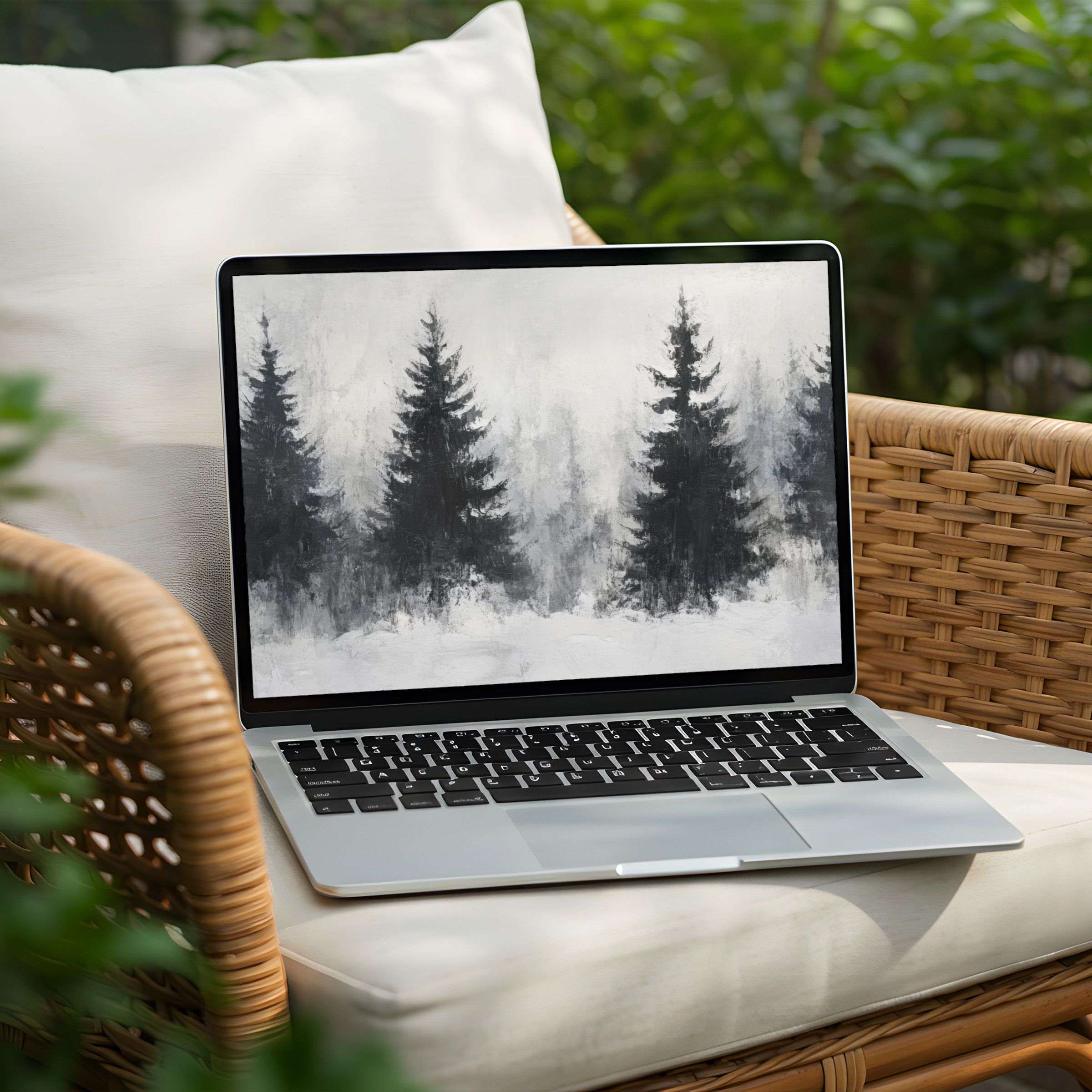 Instant download desktop background with serene black and white forest theme for PC or Laptop inspires calm and elegance