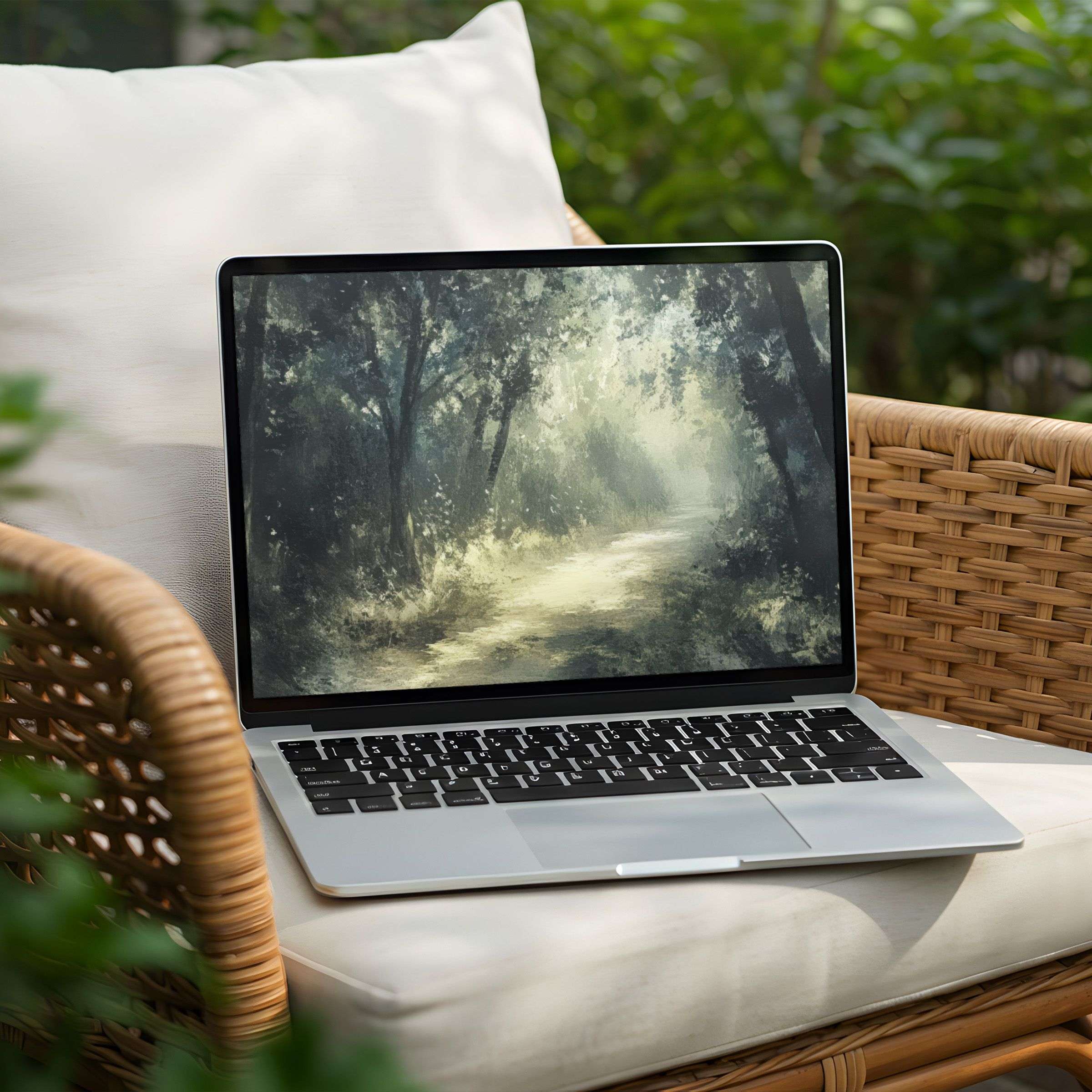 Laptop displaying a serene forest path desktop background available for instant download bringing calm and inspiration to your PC
