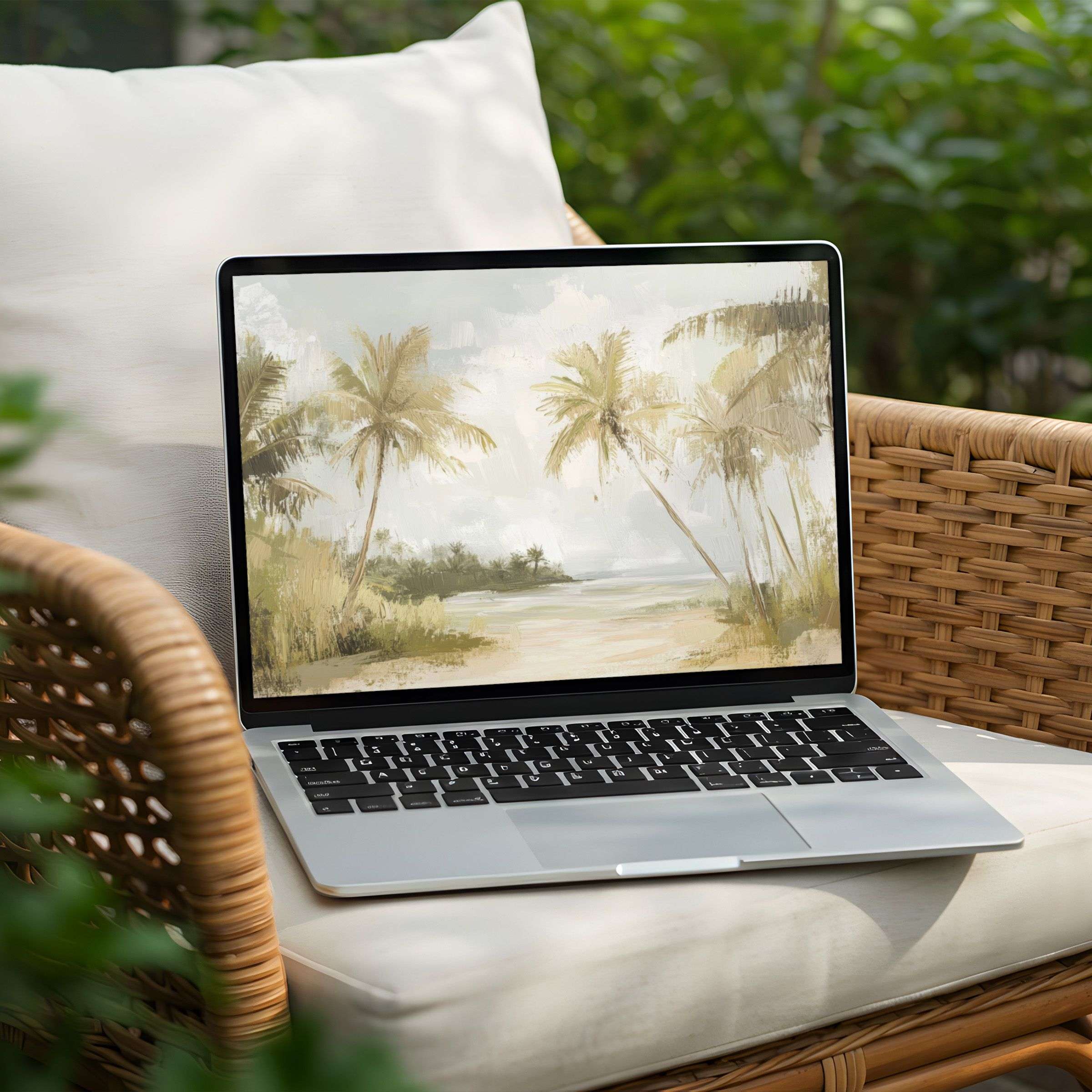 Elevate your PC or Laptop with this serene digital art desktop background featuring lush palm trees for instant download inspiration