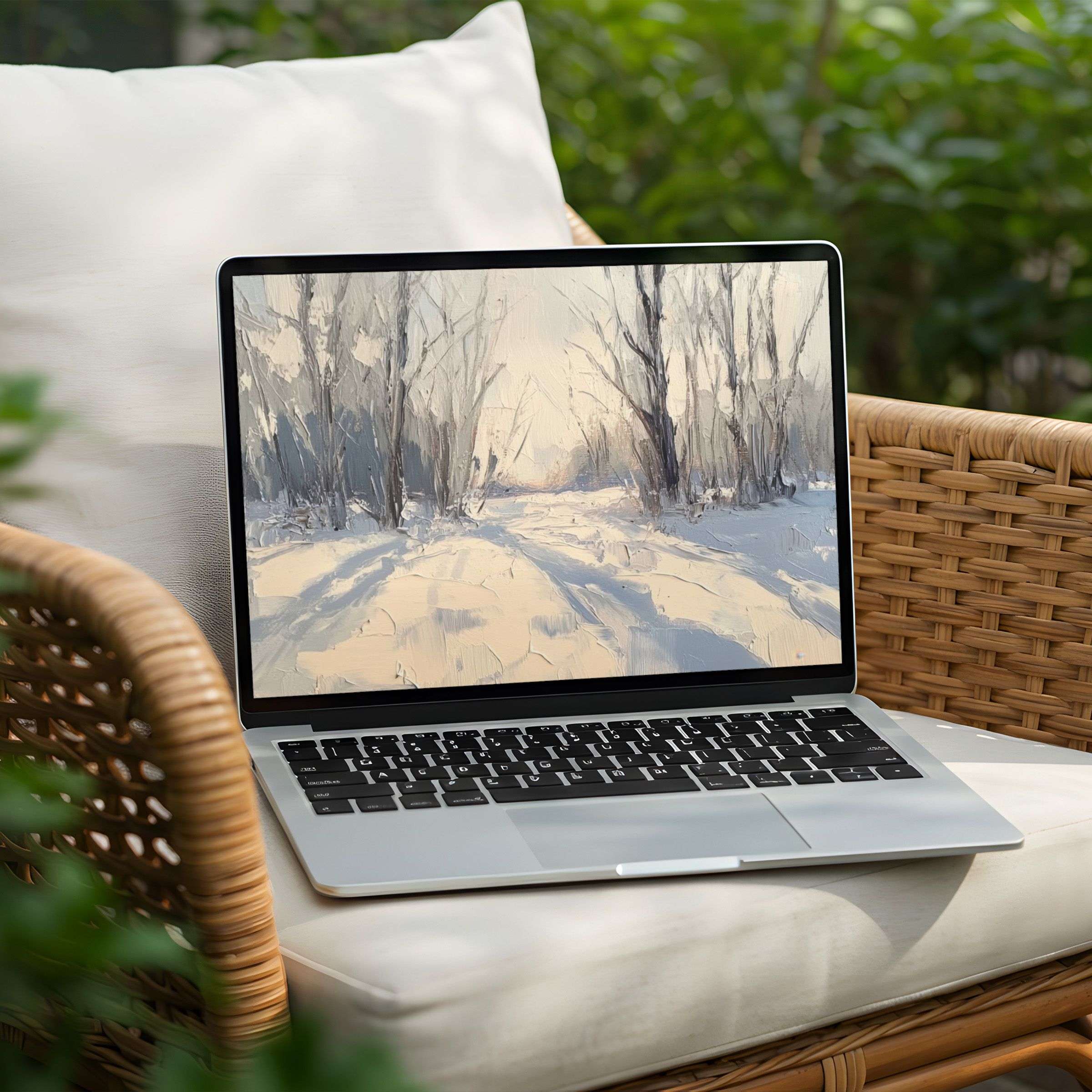Winter landscape painting on a Laptop, perfect for a calming desktop background, available as an instant download for PC elegance