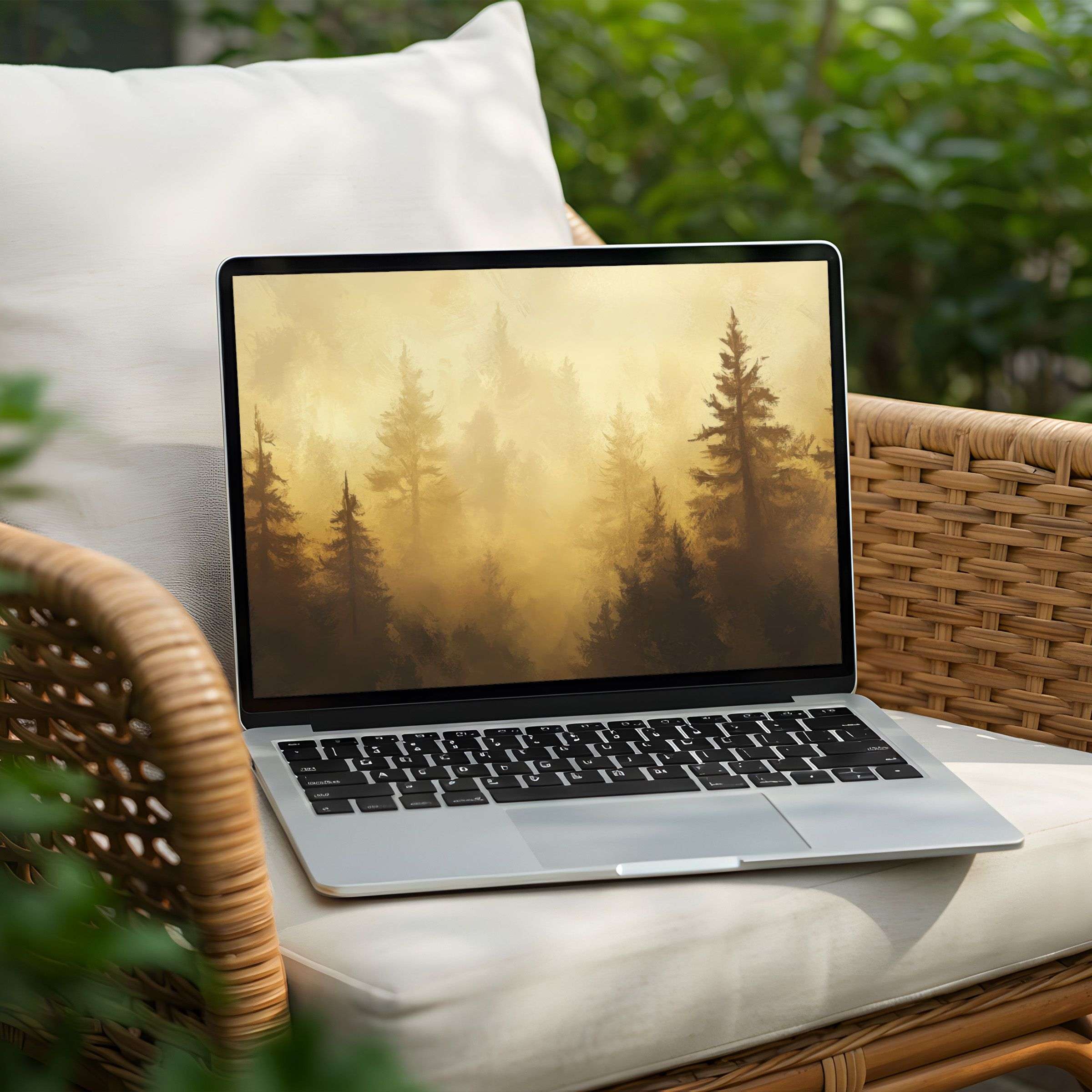 Serene forest desktop background for PC or laptop, offering instant download elegance and mindfulness through soft golden hues
