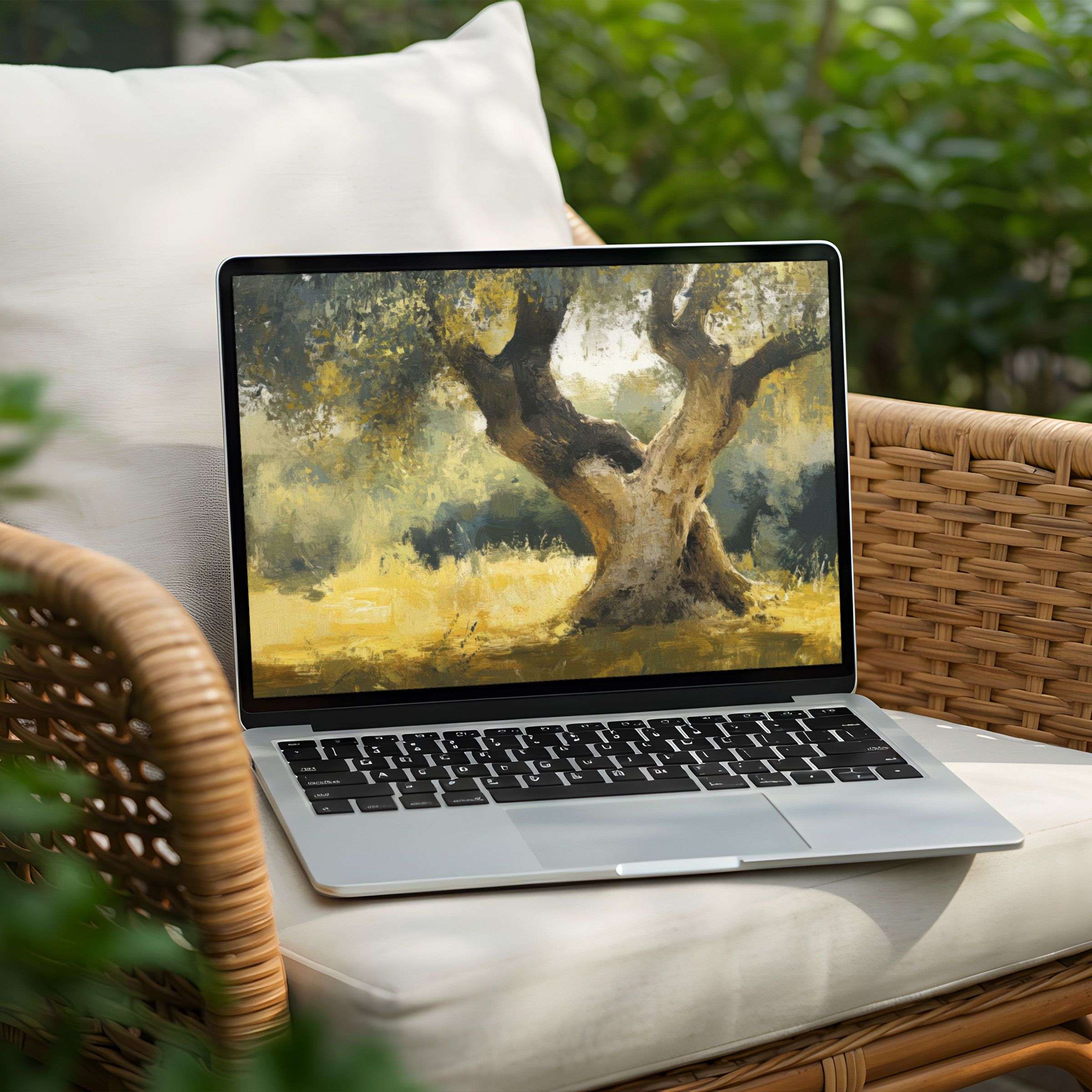 Elegant desktop background featuring a serene olive tree painting for instant download, perfect for Laptop and PC aesthetics