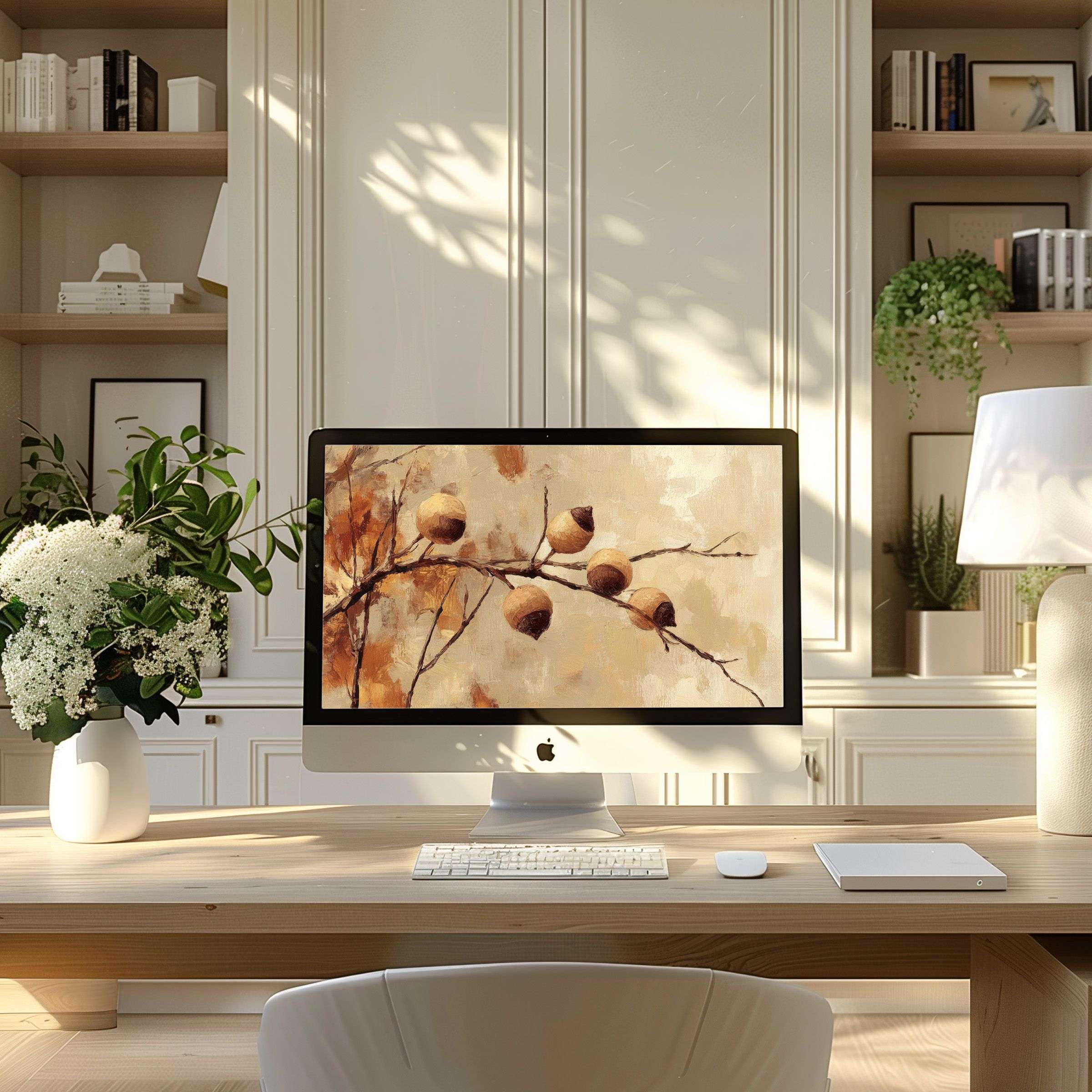Elegant autumn motif digital art on screen in modern home office provides calm inspiration as wallpaper for computer PC or laptop